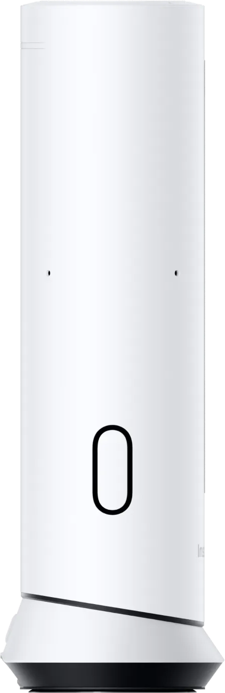 Un appareil cylindrique blanc épuré avec un symbole ovale noir sur le devant et une base noire.