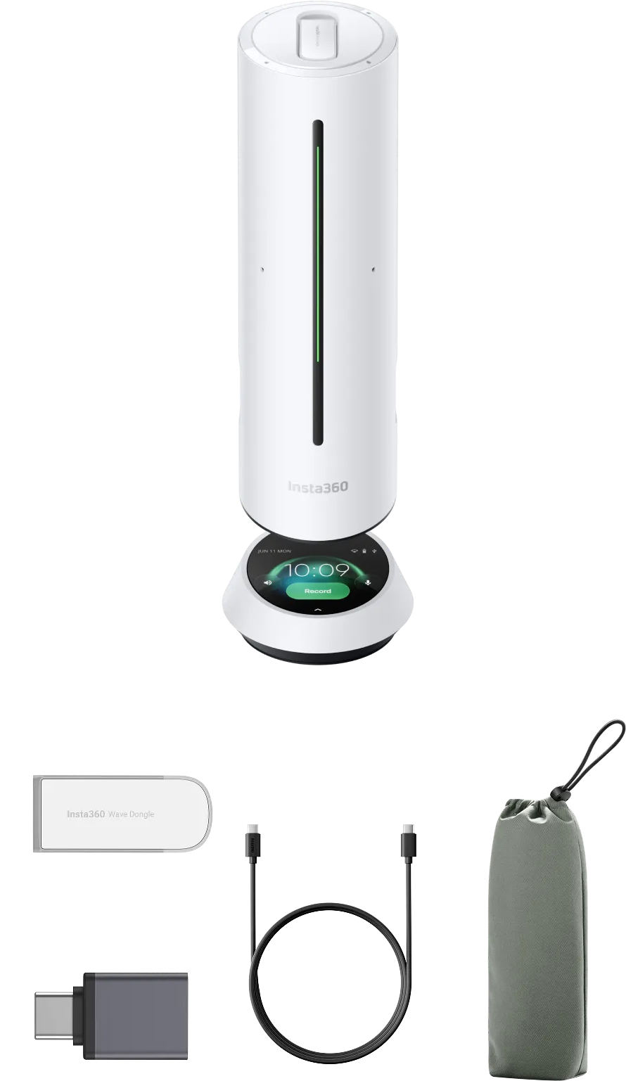 Accessoires Insta360 : appareil blanc avec écran tactile, dongle, câble et pochette.