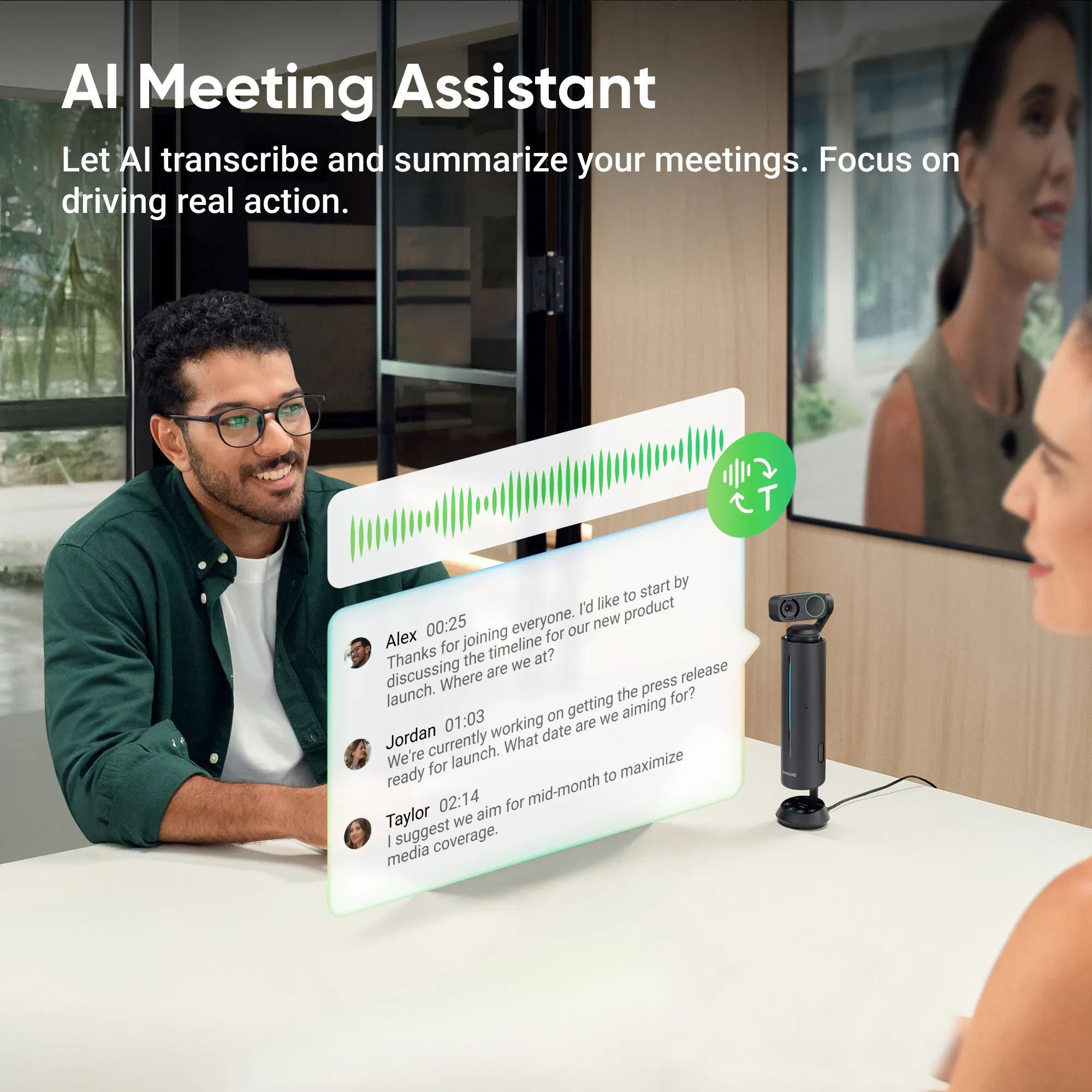 Un homme et une femme lors d'une réunion avec une application IA affichée.