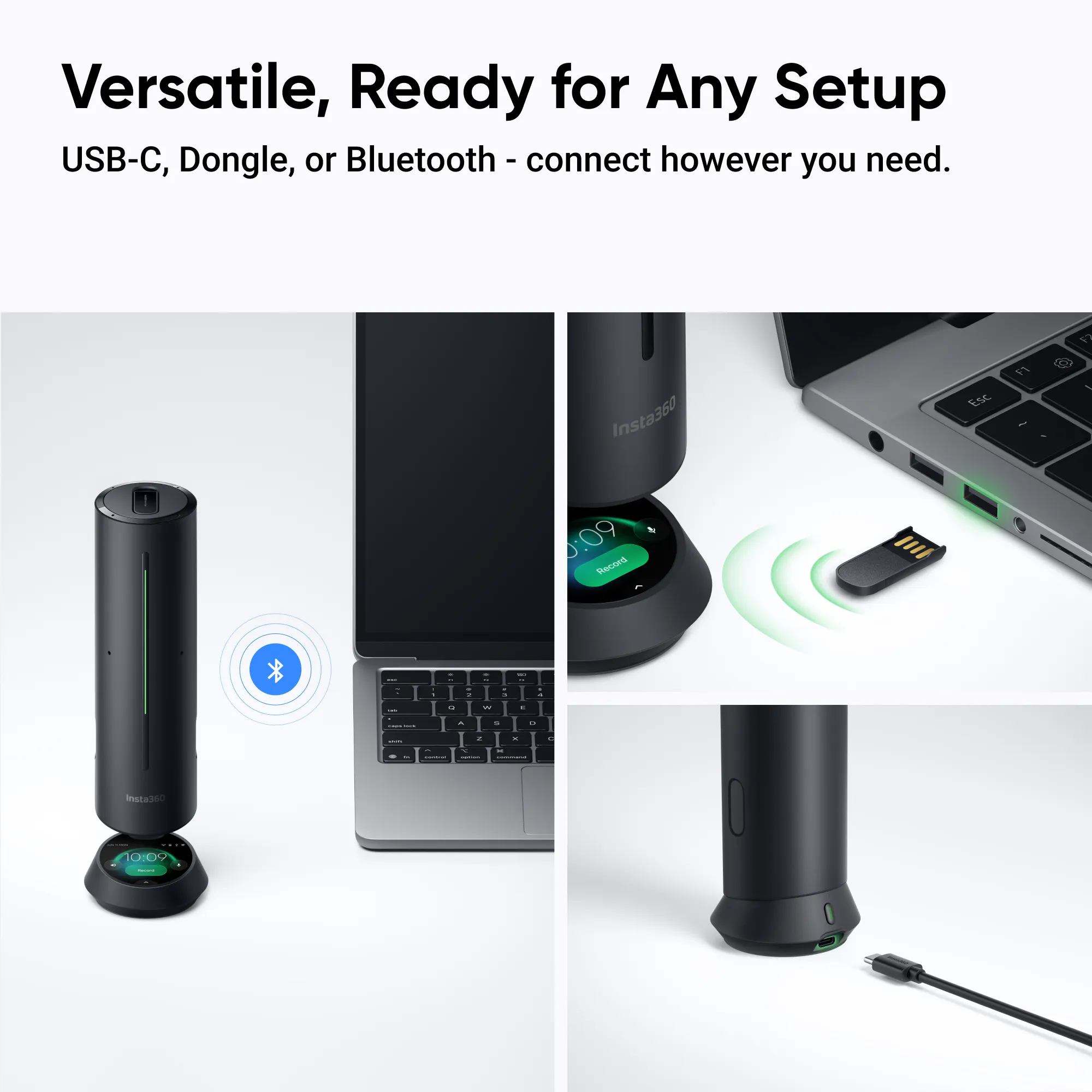 Un cylindre Insta360 noir avec socle de chargement se connecte à un ordinateur portable.