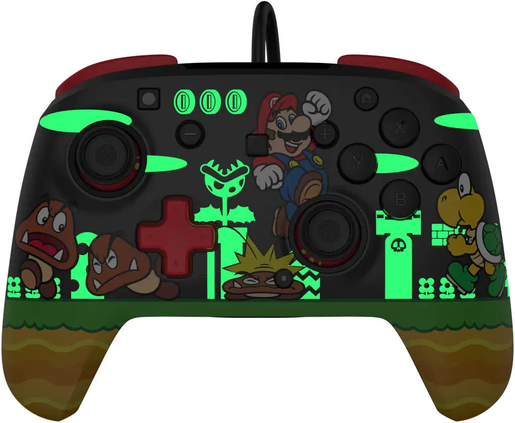 Schwarzer Controller mit Mario-Motiv, leuchtend grünen Akzenten und Charakteren.
