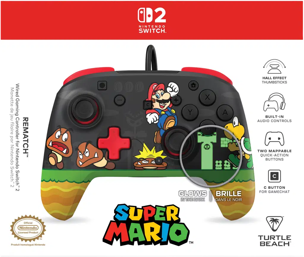 Ein schwarzer Nintendo Switch Controller mit Super Mario Charakteren, der im Dunkeln leuchtet.