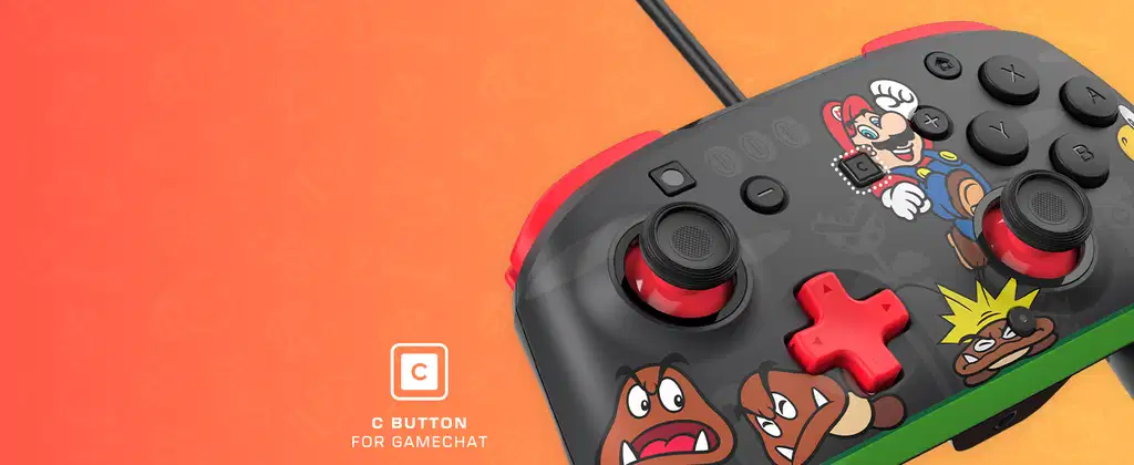 Ein Gamecontroller mit Mario-Motiv, Goombas und einem C-Button-Symbol.