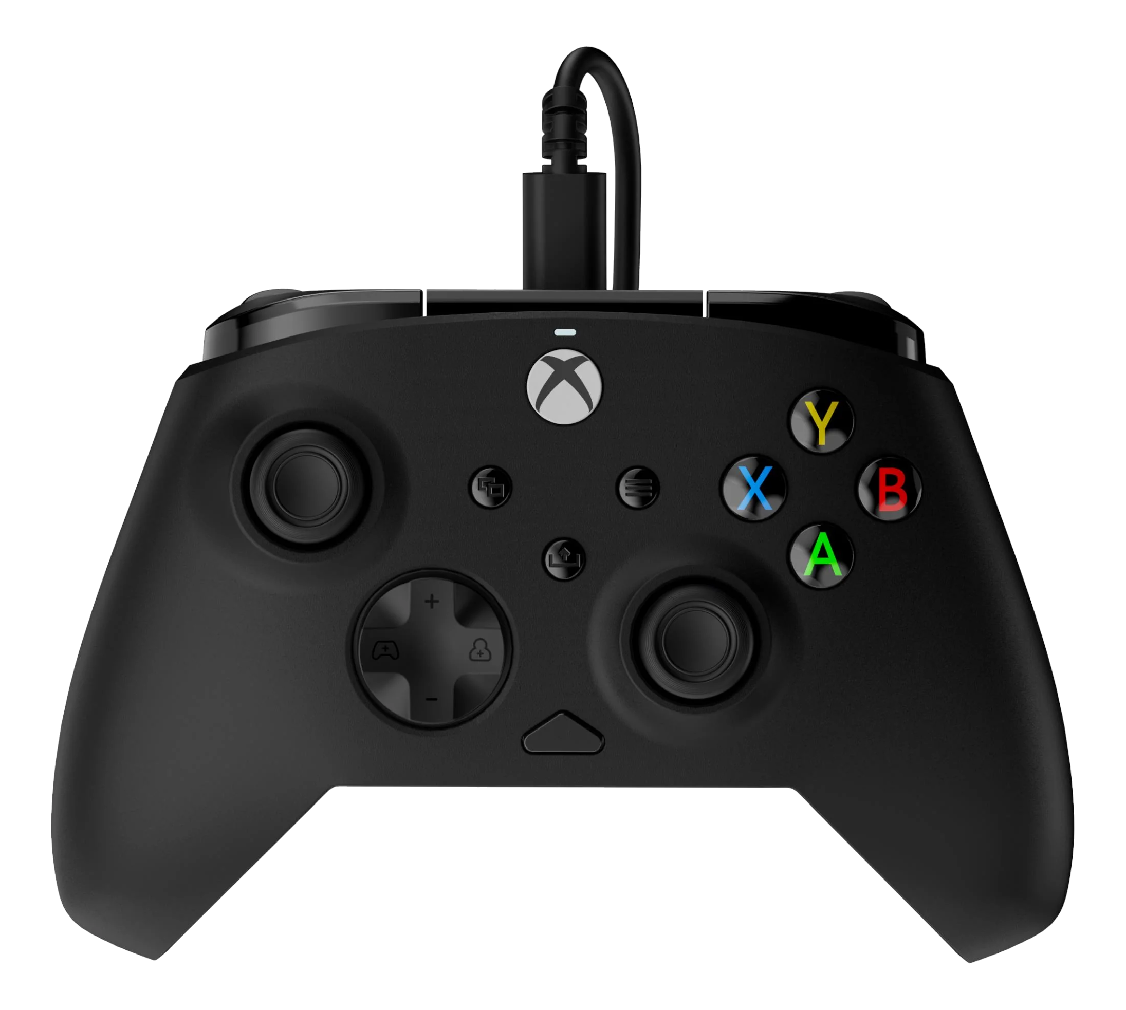 Manette Xbox noire avec câble, avec boutons lumineux.