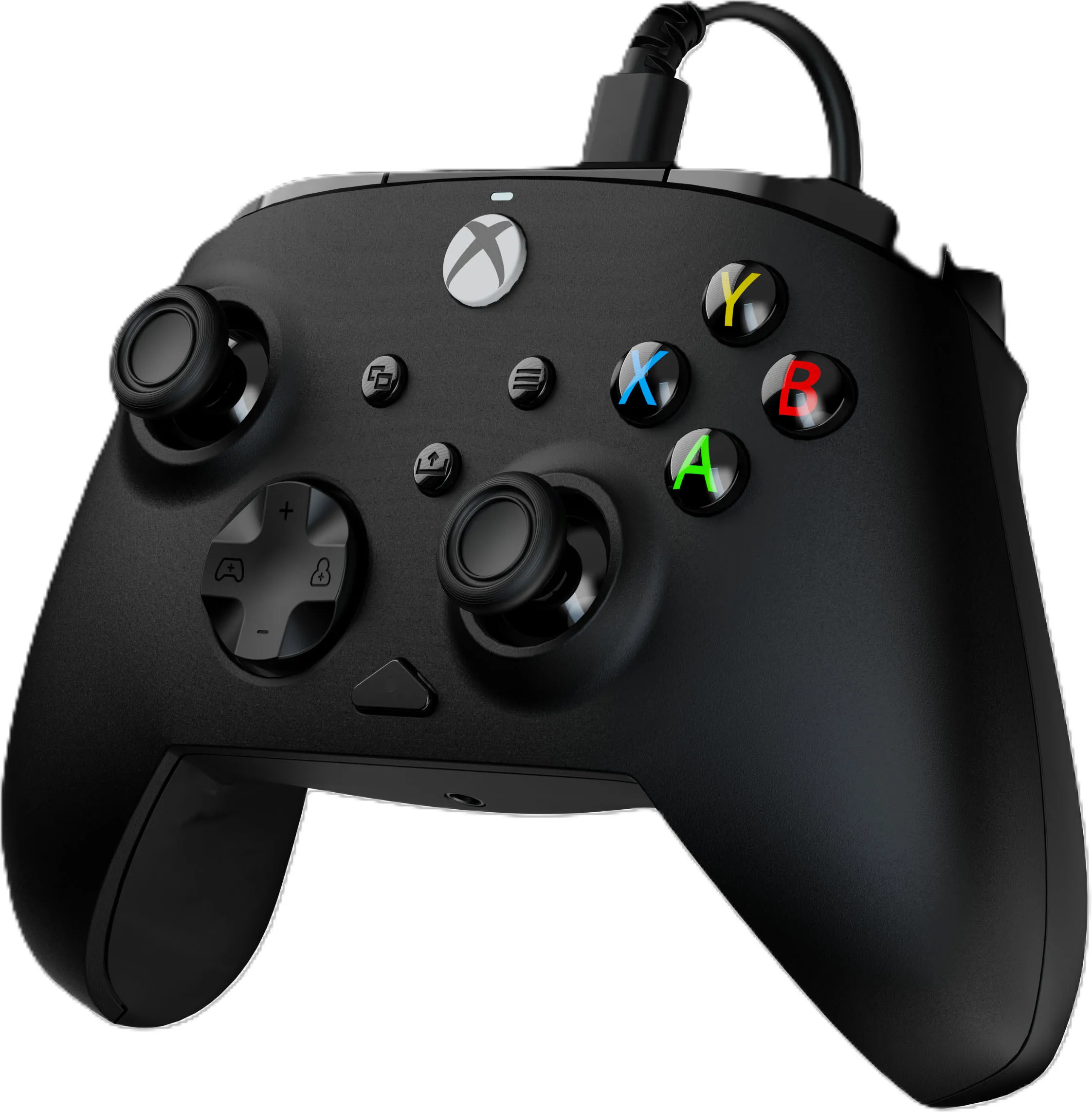 Manette Xbox noire avec câble, joysticks analogiques et boutons.
