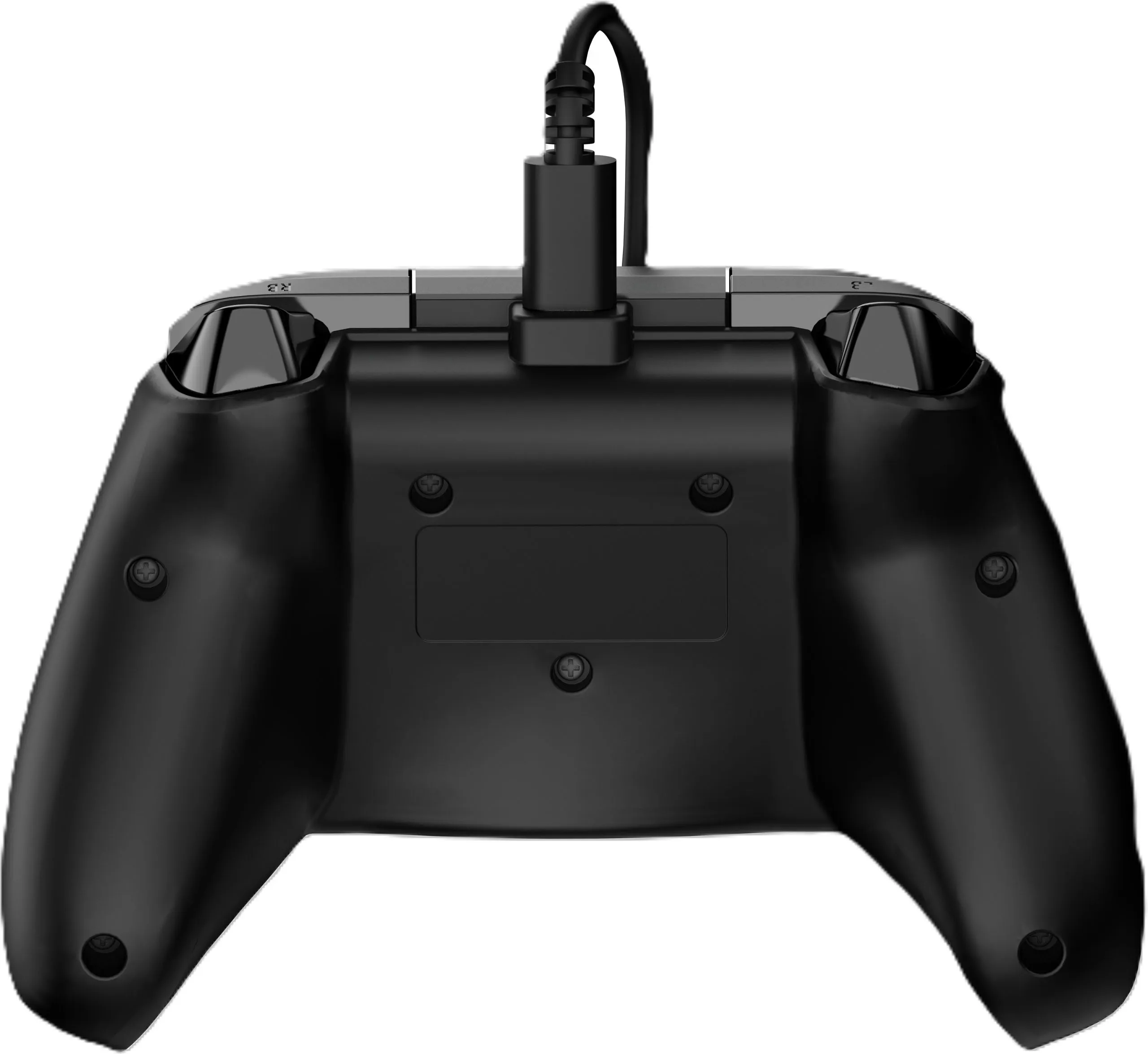 Manette de jeu noire avec câble connecté, vue par le dessous.