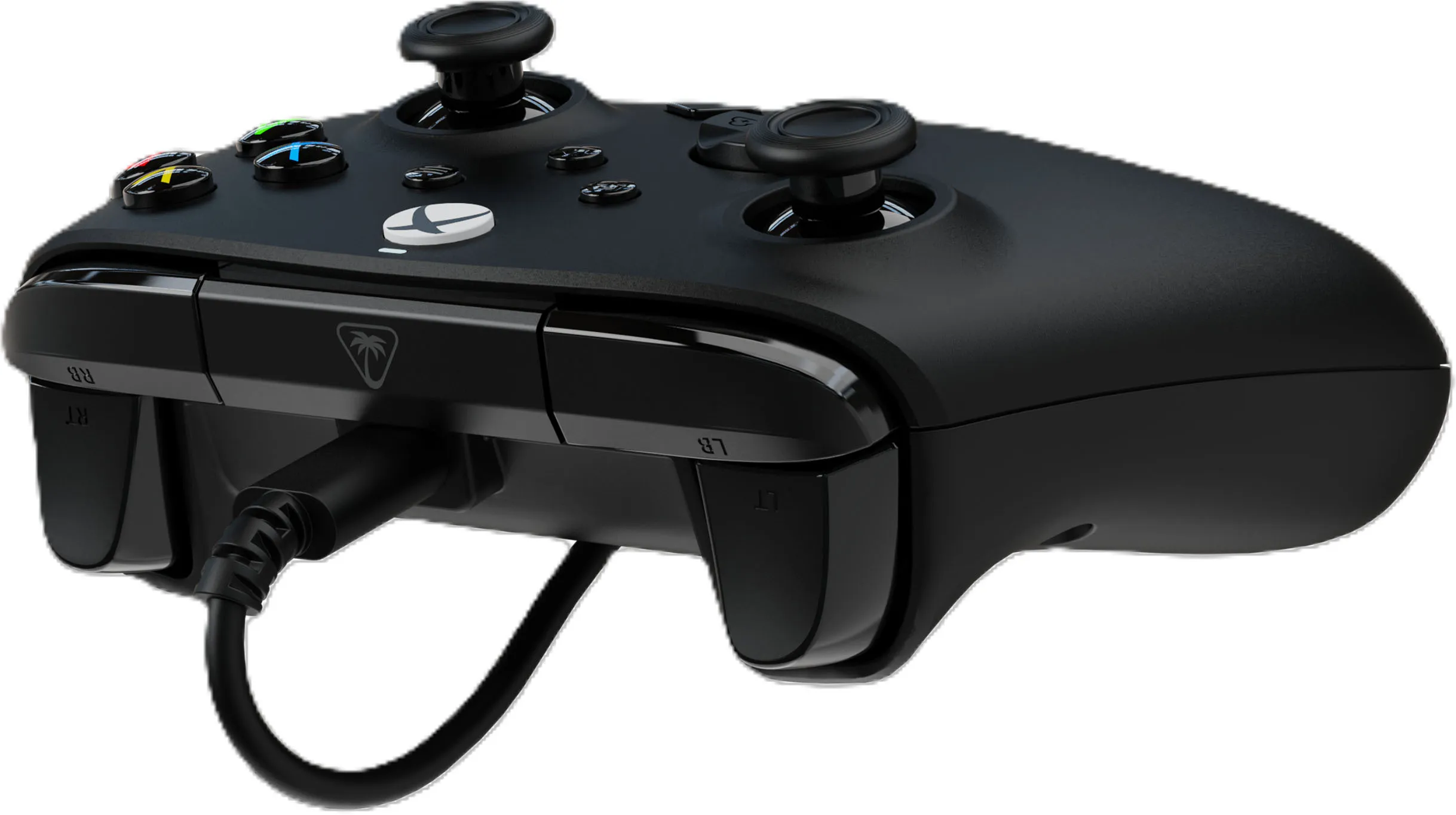 Manette noire avec câble USB, deux joysticks et boutons colorés.