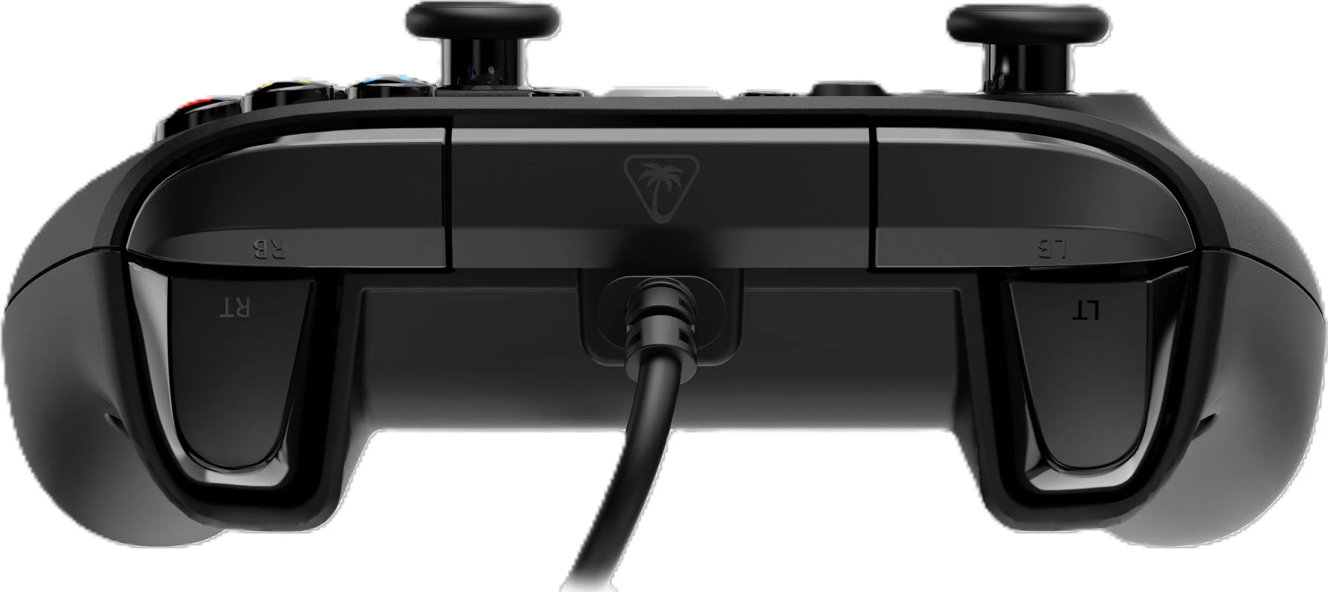Manette noire avec connexion de câble, boutons et joysticks visibles.