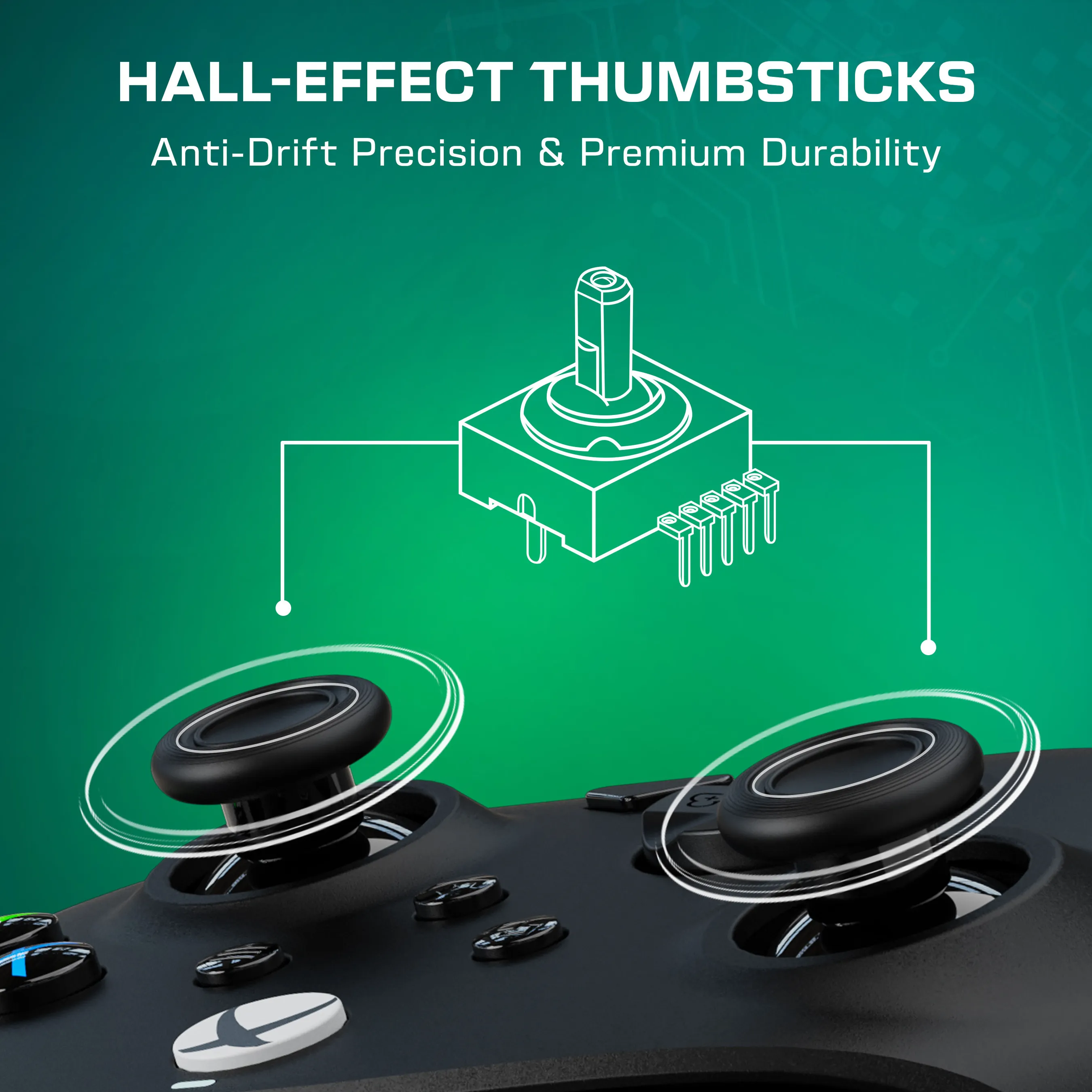 Gros plan d'une manette noire avec joysticks Hall-effect et un schéma.