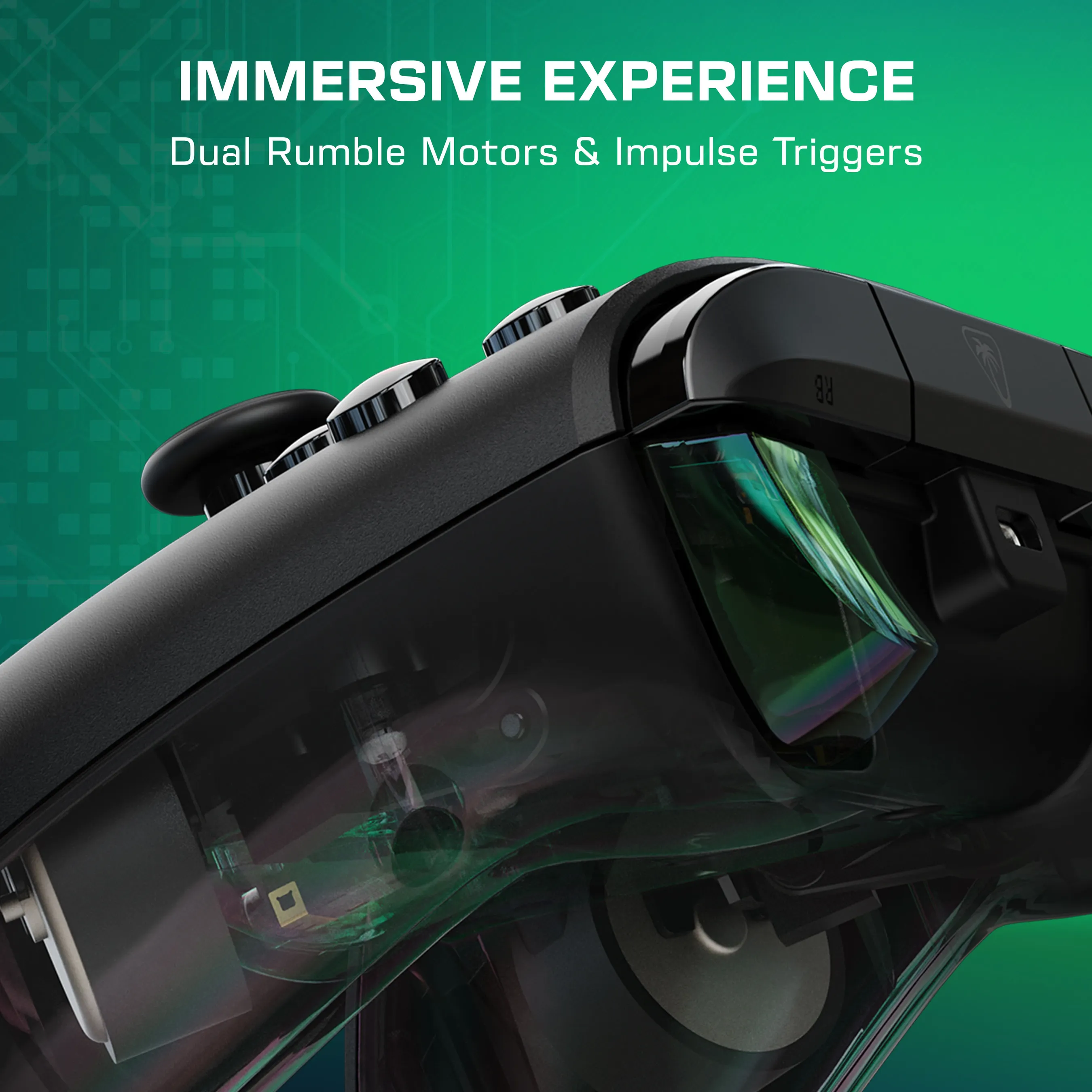 Gros plan d'une manette noire avec des composants internes éclairés. Graphiques verts en arrière-plan.