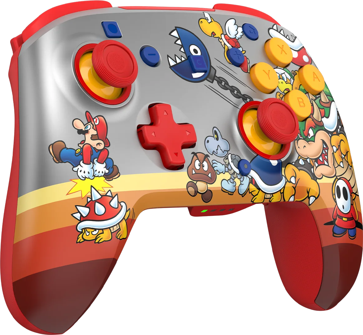 Ein Nintendo-Controller mit Mario-Charakteren: Mario, Bowser, Goomba, Koopa Troopa, Shy Guy, Dry Bones und Bullet Bill.
