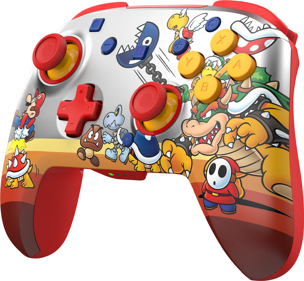 Nintendo Switch Controller mit Mario-Charakteren: Bowser, Goomba, Koopa Troopa, Shy Guy.