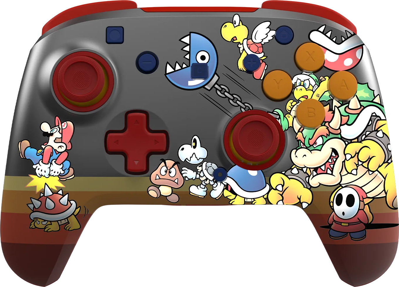 Controller mit Mario-Charakteren: Bowser, Goomba, Shy Guy, Koopa, Mario, Dry Bones, Chain Chomp.