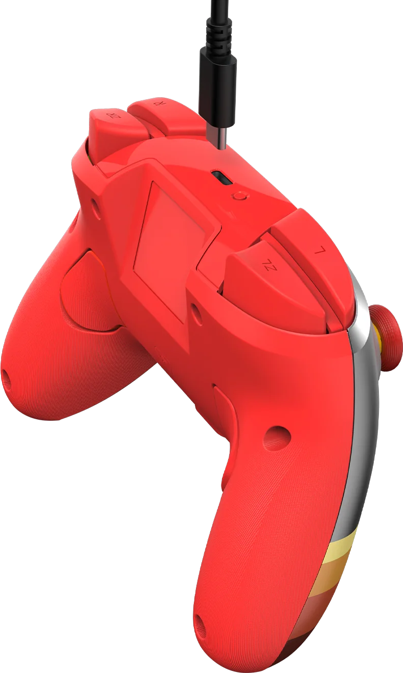 Ein roter Gamecontroller mit einem angeschlossenen schwarzen USB-Kabel.