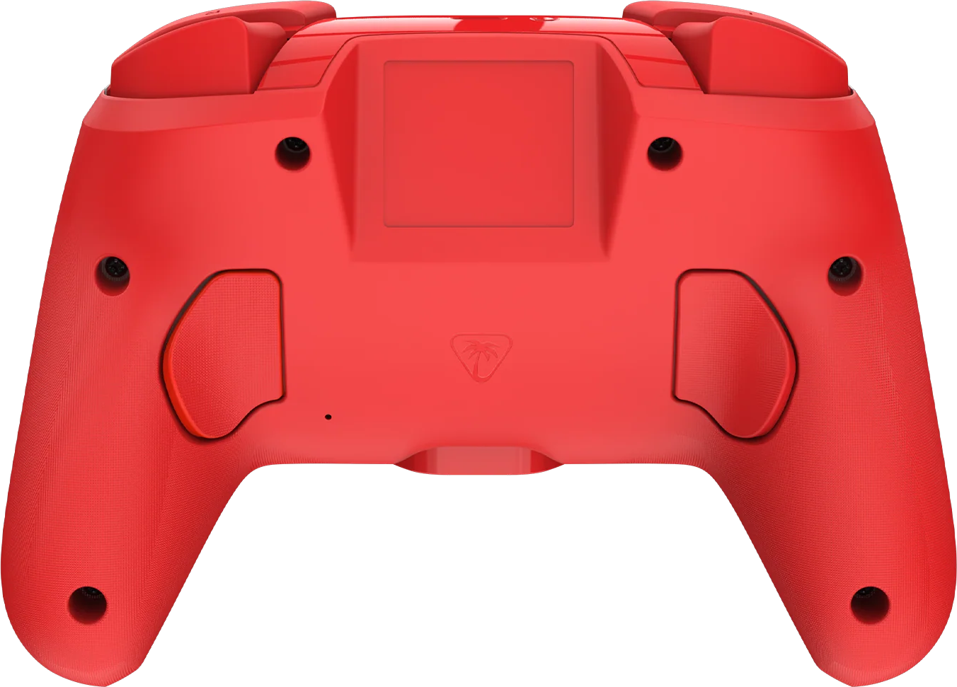 Rote Rückseite eines Controllers mit Griffen, Knöpfen und einem Logo.