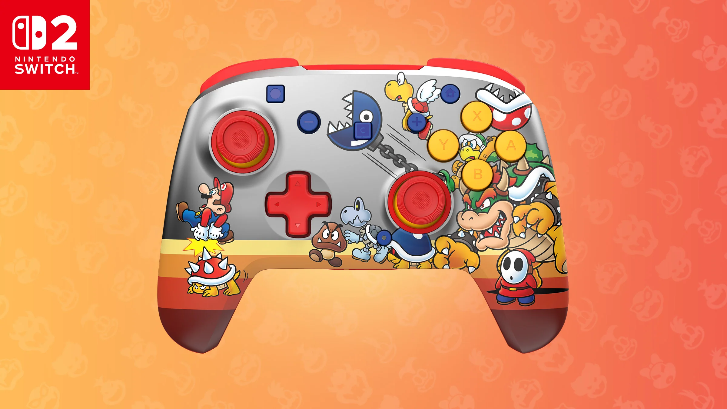Nintendo Switch Controller mit Mario-Charakteren wie Bowser, Goomba und Shy Guy.