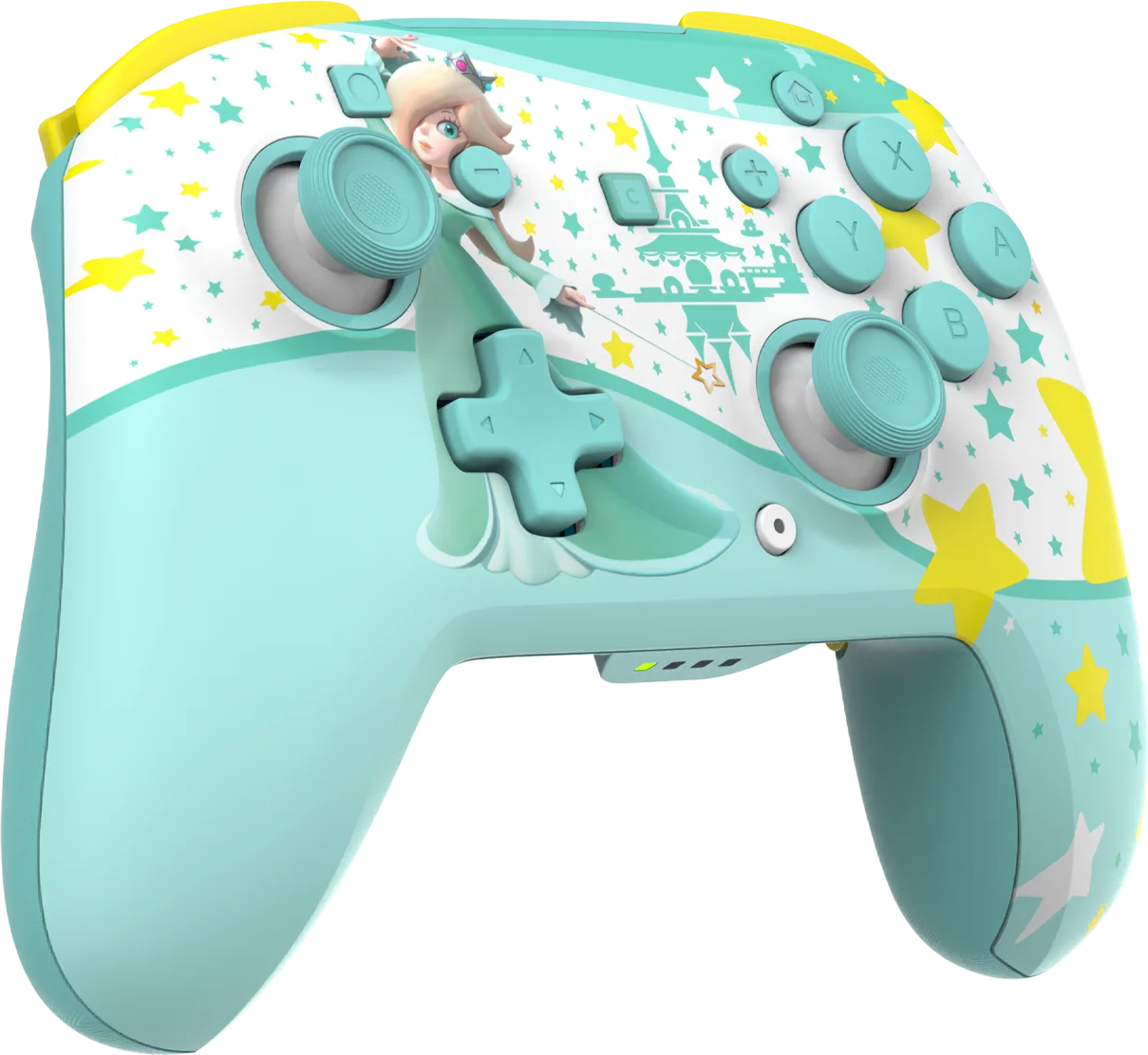 Ein mintgrüner Controller mit Rosalina, Sternen und einem Schloss.