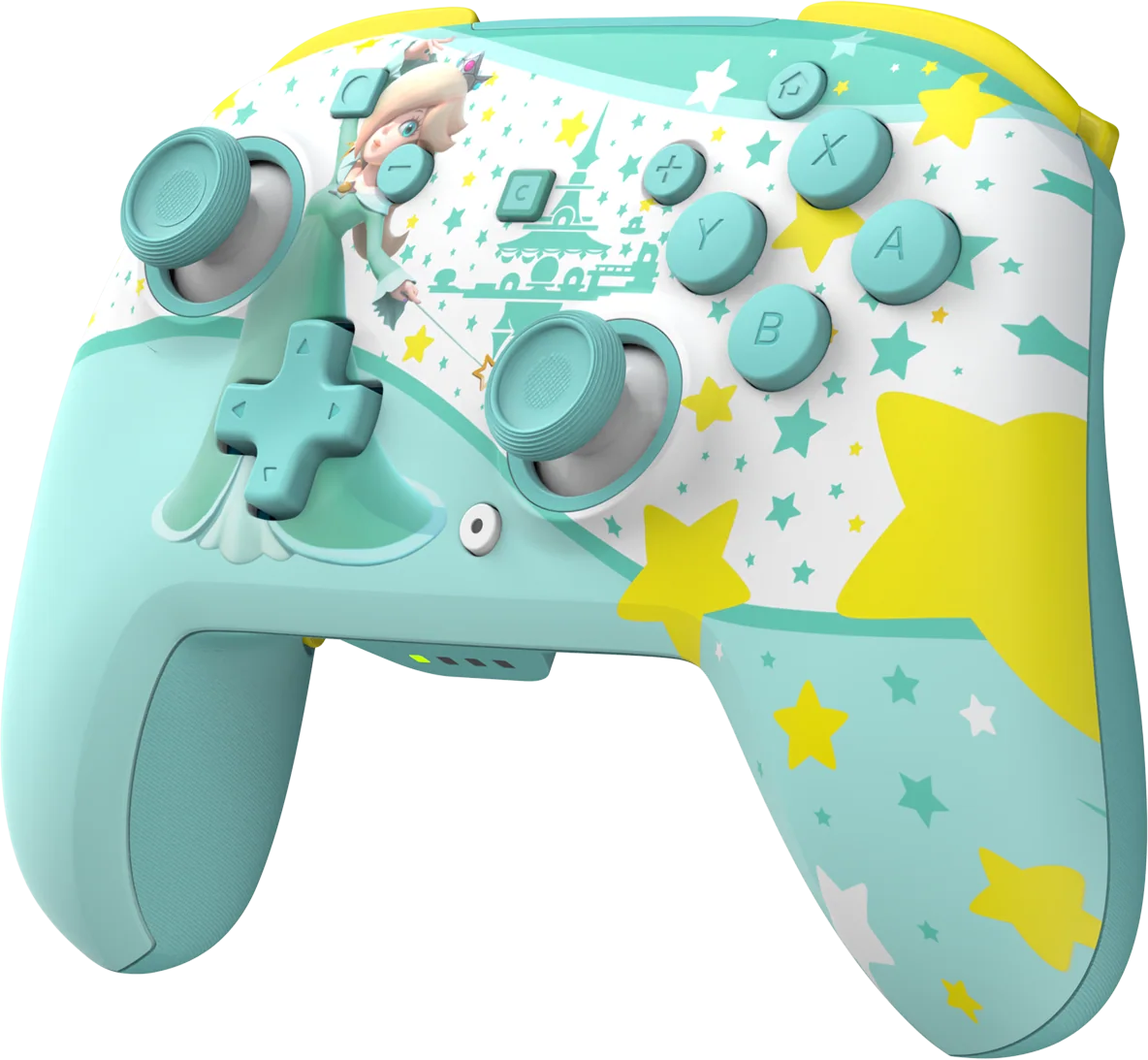 Ein hellblauer Controller mit Rosalina, Sternen und einem Schloss. Gelbe Akzente.