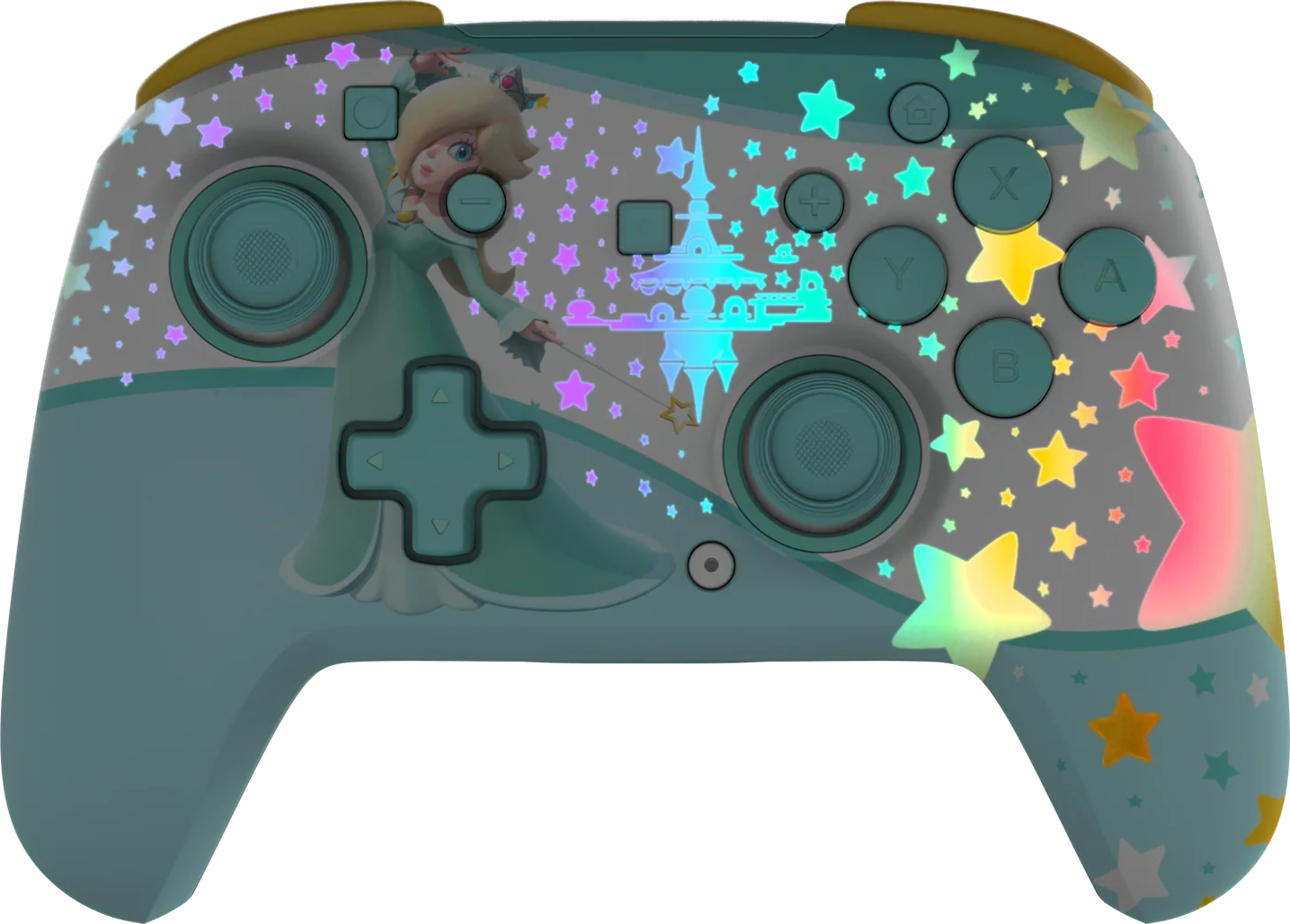 Ein türkisfarbener Controller mit Rosalina und Sternen-Motiv.