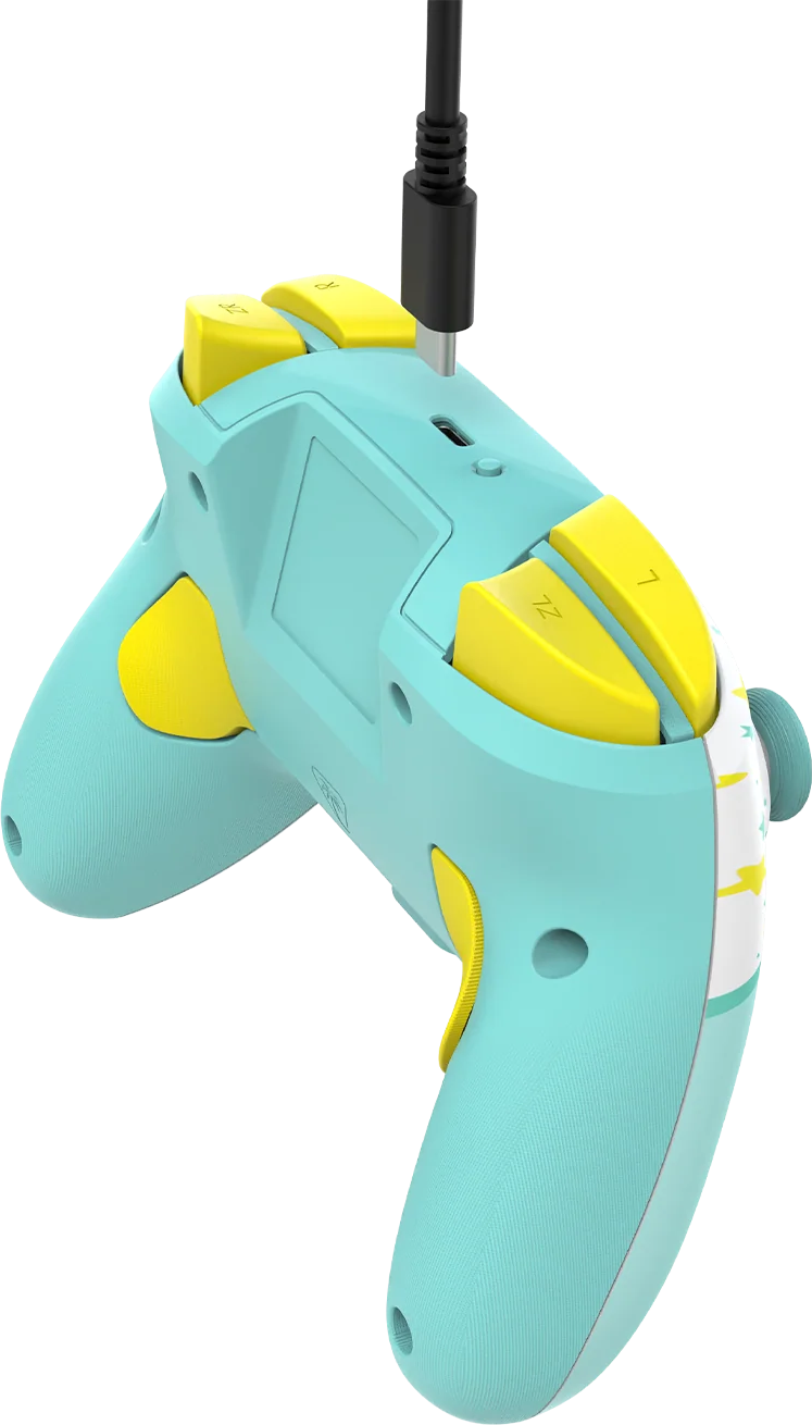Türkiser Controller mit gelben Tasten und USB-C-Kabel.