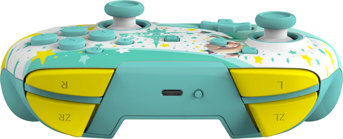Ein türkisfarbener Controller mit gelben Tasten und Sternenmuster.