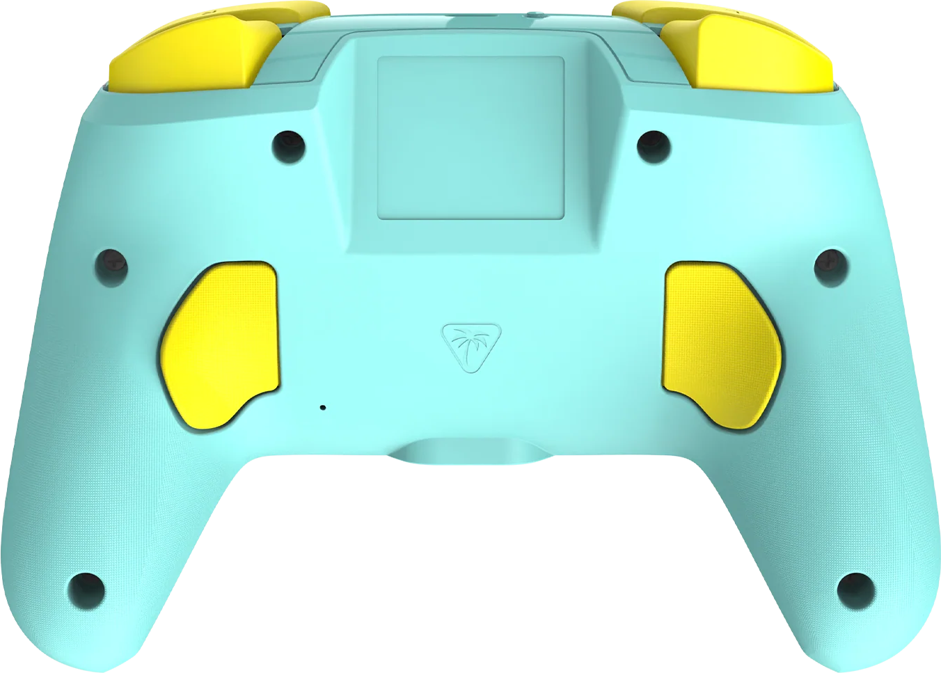 Türkisblauer Controller mit gelben Akzenten, Rückseite mit Logo.