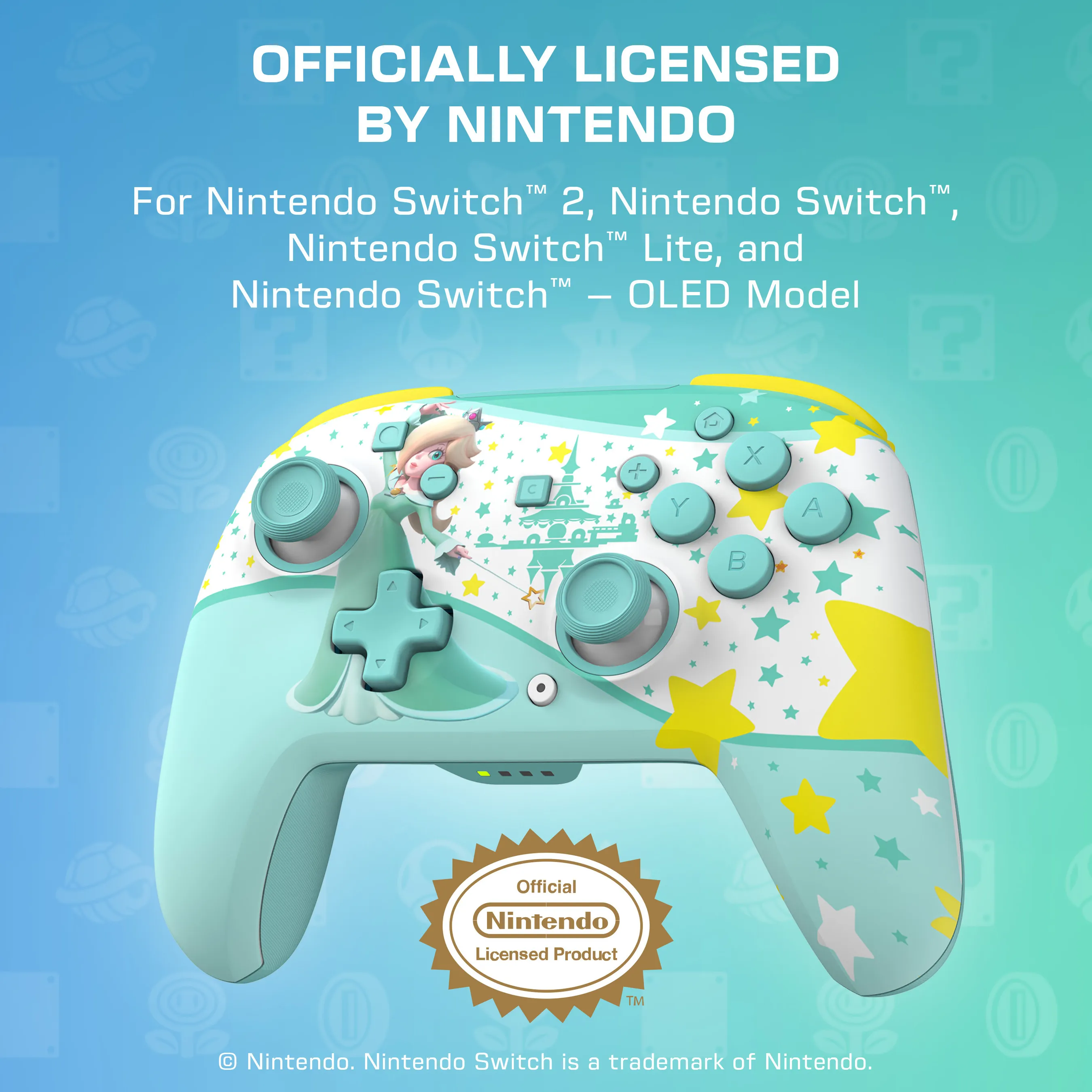 Ein mintgrüner Nintendo Switch Pro Controller mit Rosalina-Motiv und Sternen.