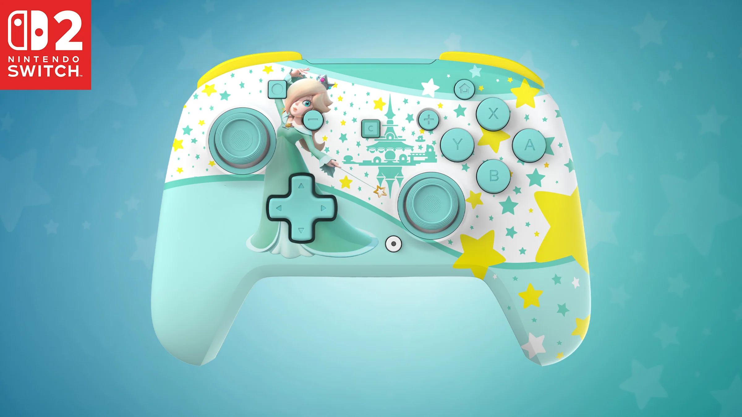 Nintendo Switch Controller mit Rosalina und Sternen-Design auf blauem Hintergrund.