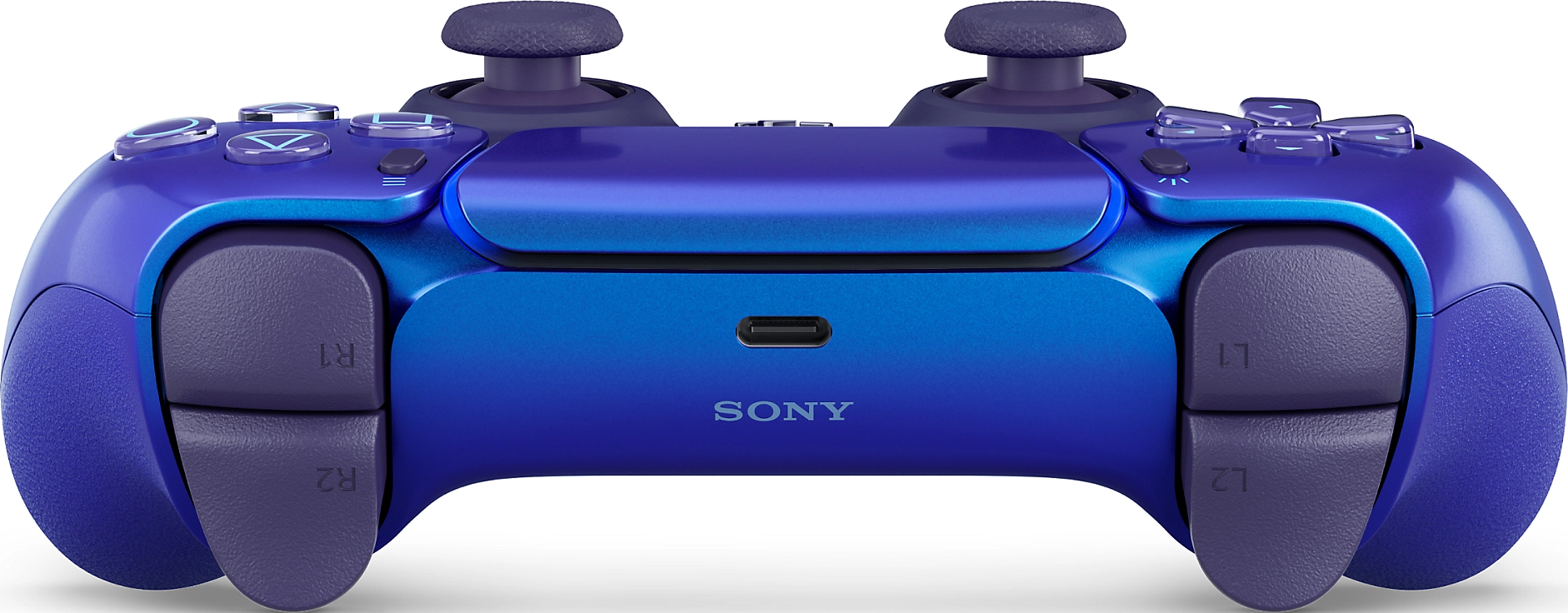 Blauer Sony-Controller mit silbernem Sony-Logo und USB-C-Anschluss.
