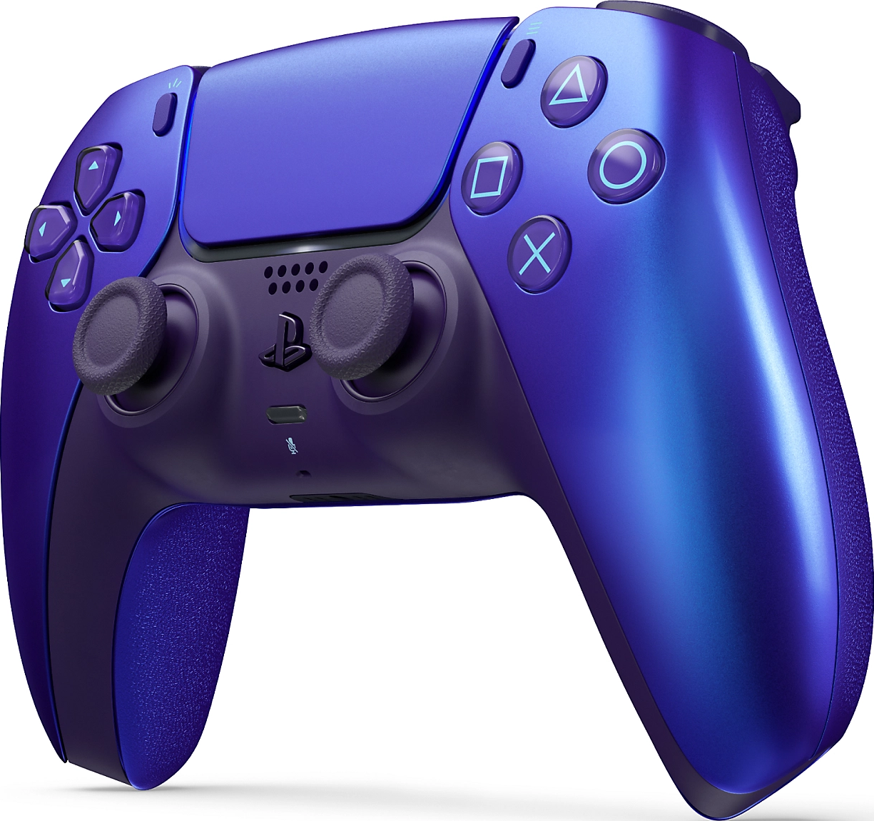 Ein violetter Controller mit blauen Akzenten und Tasten.