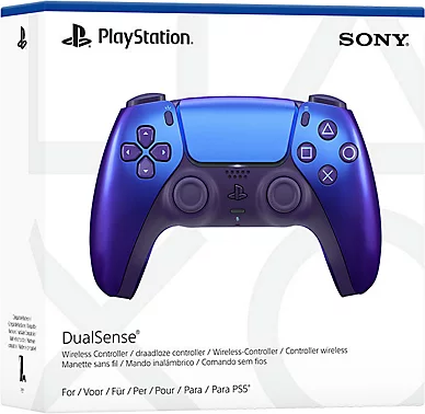 Blauer PlayStation DualSense Controller in Originalverpackung.