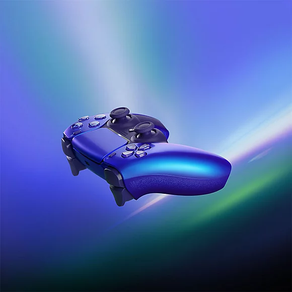 Ein blauer Controller schwebt vor einem verschwommenen blauen und grünen Hintergrund.