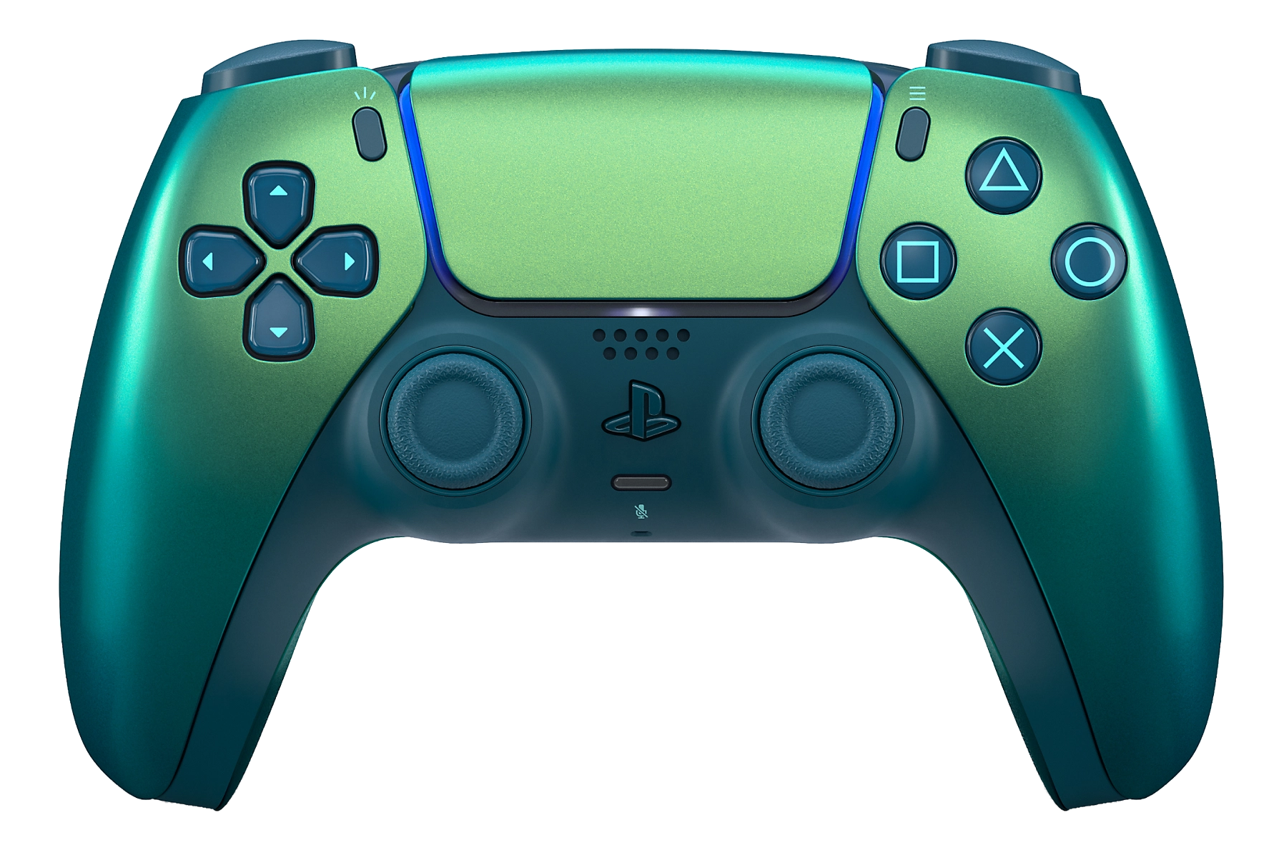 Ein grün-blau metallisch schimmernder Controller mit schwarzen Bedienelementen.