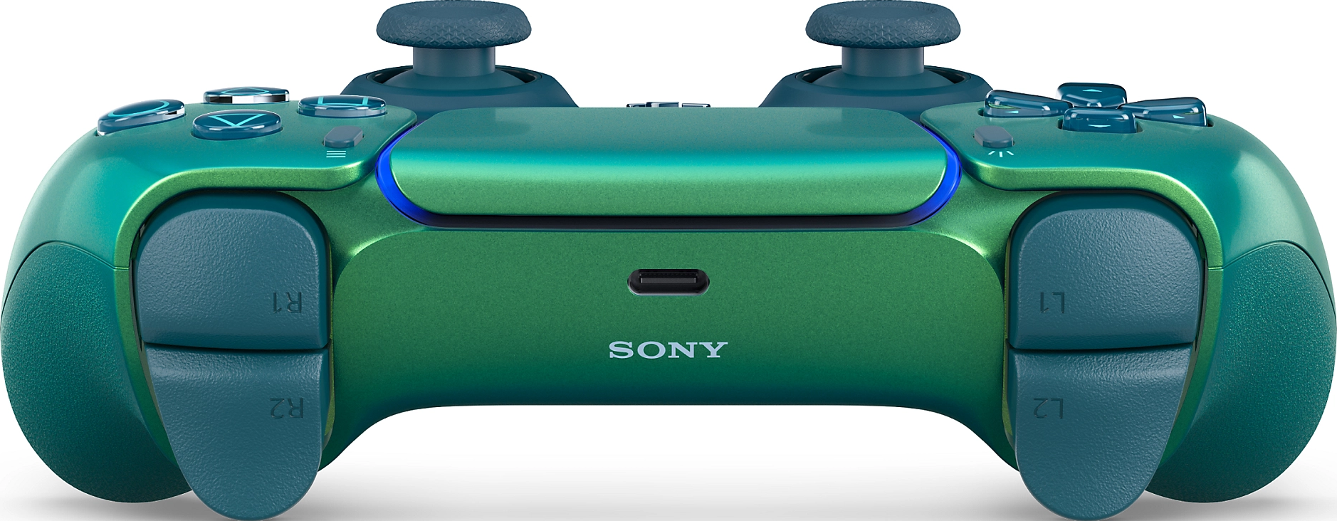 Ein glänzend grüner und dunkelblauer Sony-Controller mit zwei Joysticks und Tasten.