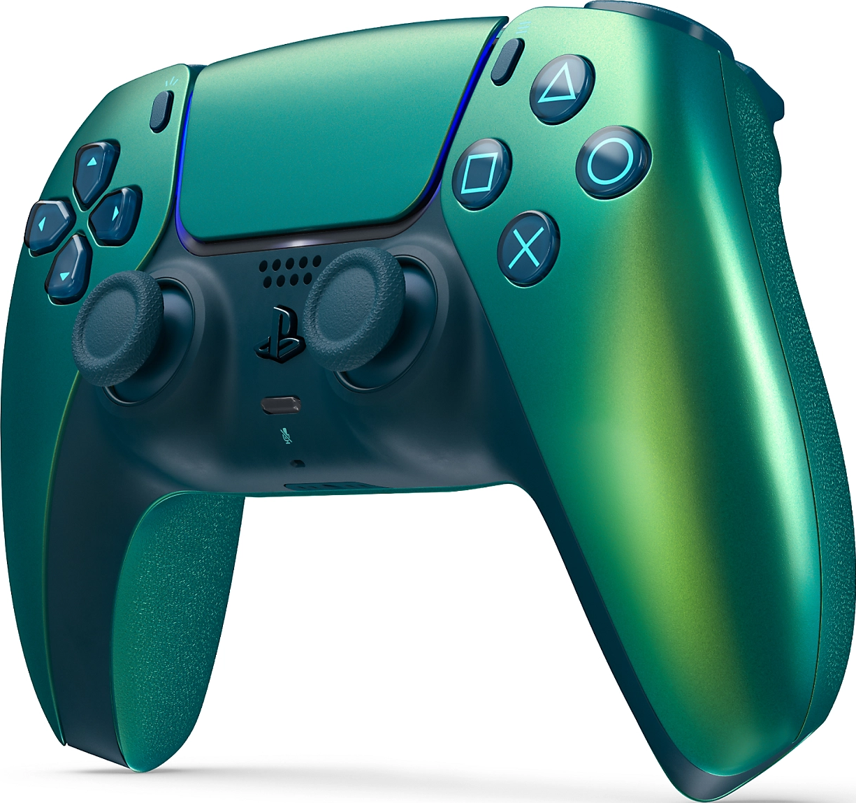 Ein grün-blau schillernder Controller mit beleuchteten Tasten und Joysticks.