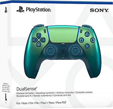 Grüner und blauer PlayStation DualSense Controller in der Verpackung.