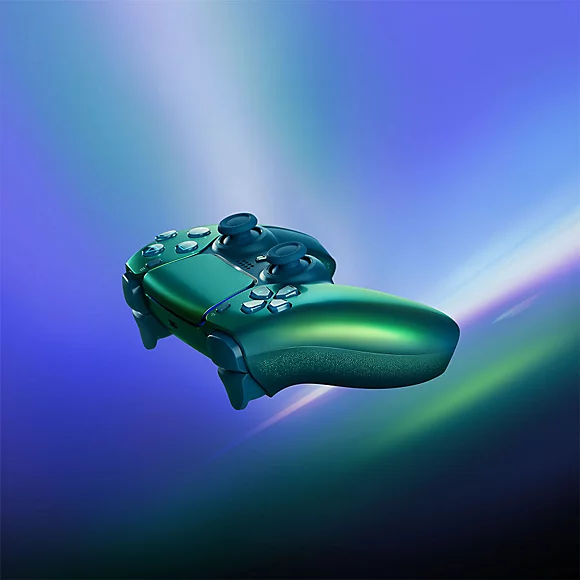 Ein tealfarbener Controller schwebt vor einem blauen und grünen Hintergrund.