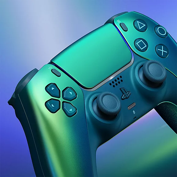 Ein glänzender, smaragdgrüner und blauer Controller mit Knöpfen.