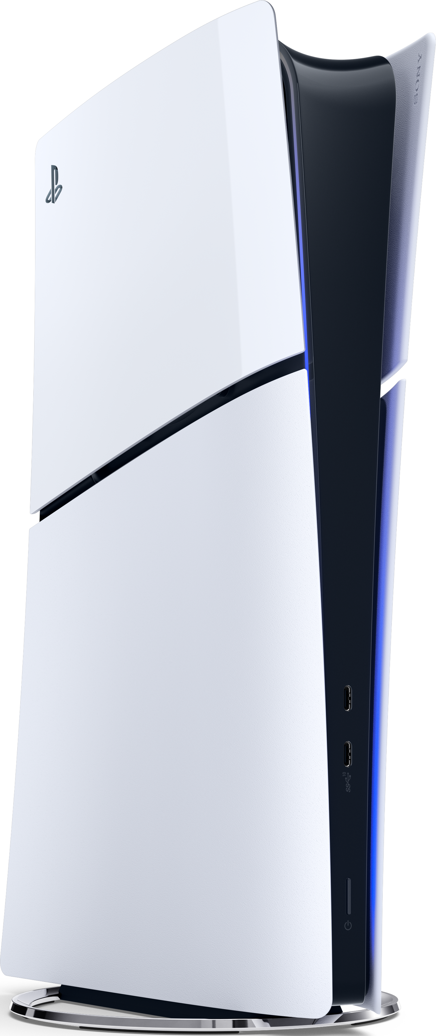 Una console PlayStation 5 bianca e nera con accenti blu.