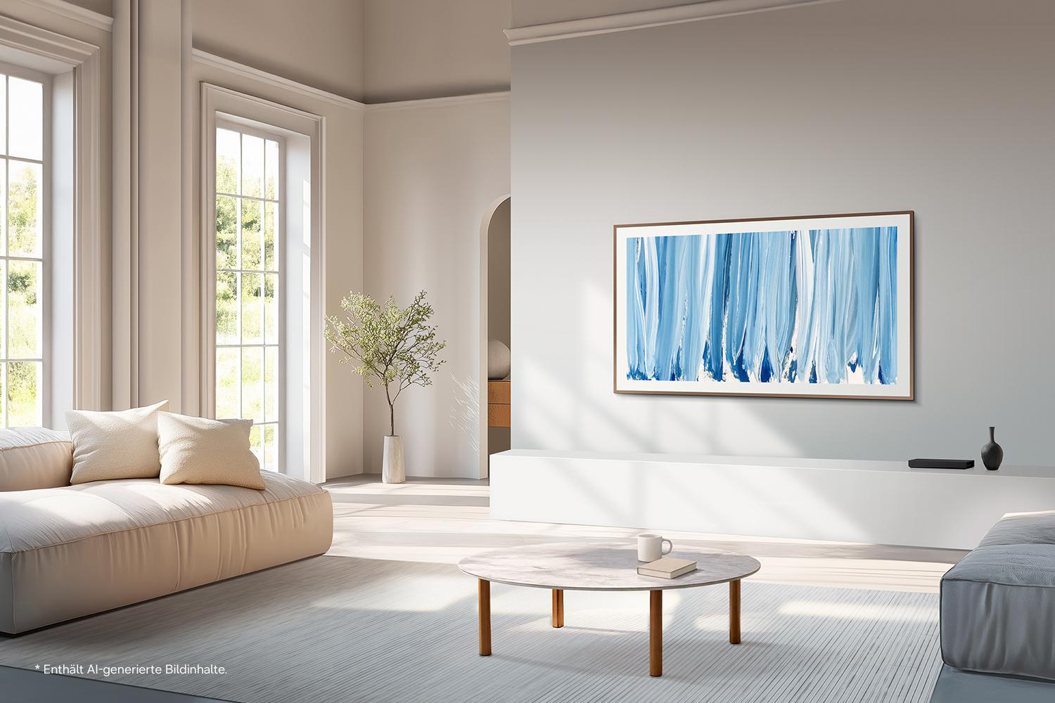 Ein helles Wohnzimmer mit einem beigen Sofa, einem Couchtisch und einem Kunstwerk an der Wand.