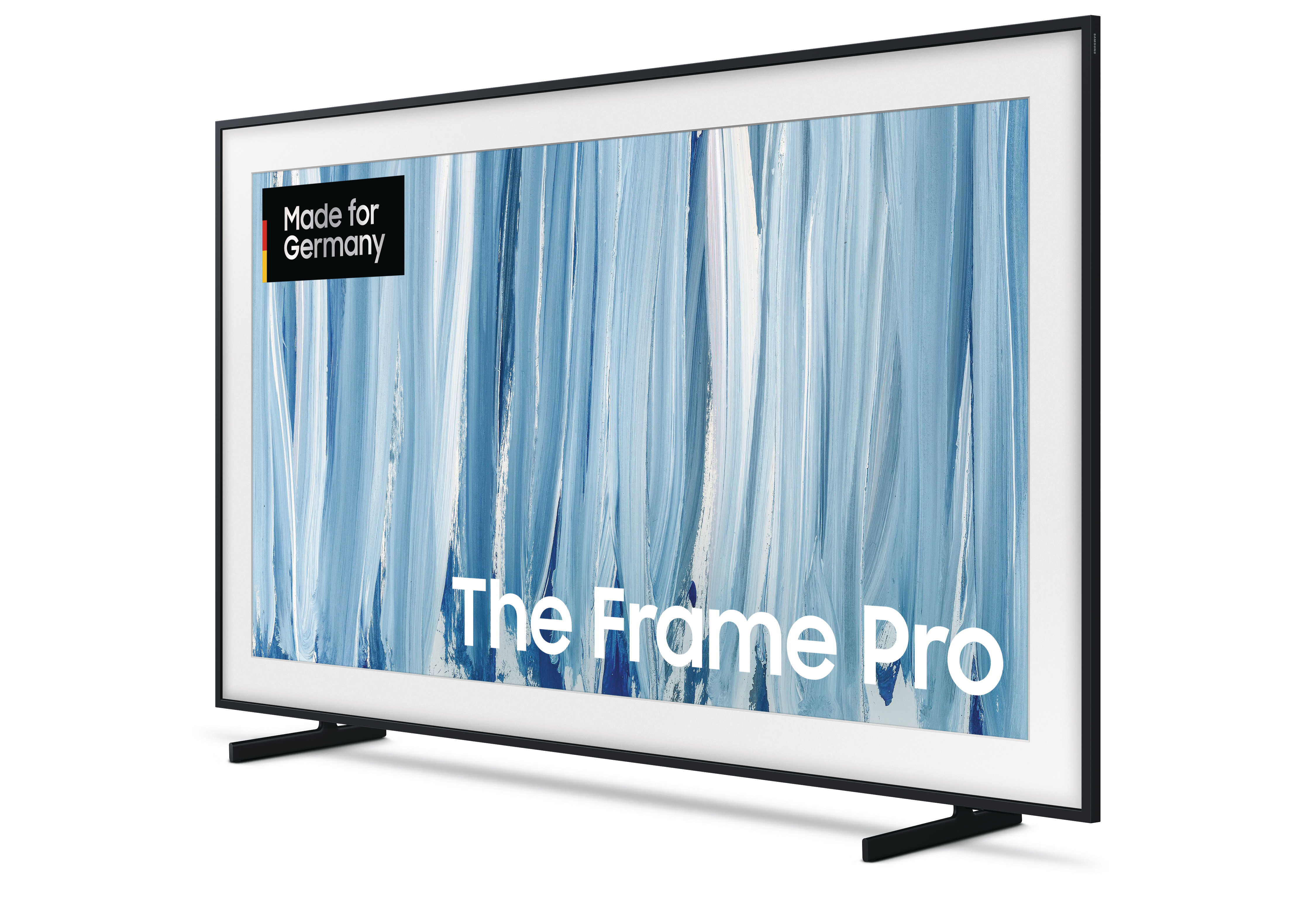 Moderner Fernseher mit schwarz-weiß-blauen Streifen und "Made for Germany"-Logo.