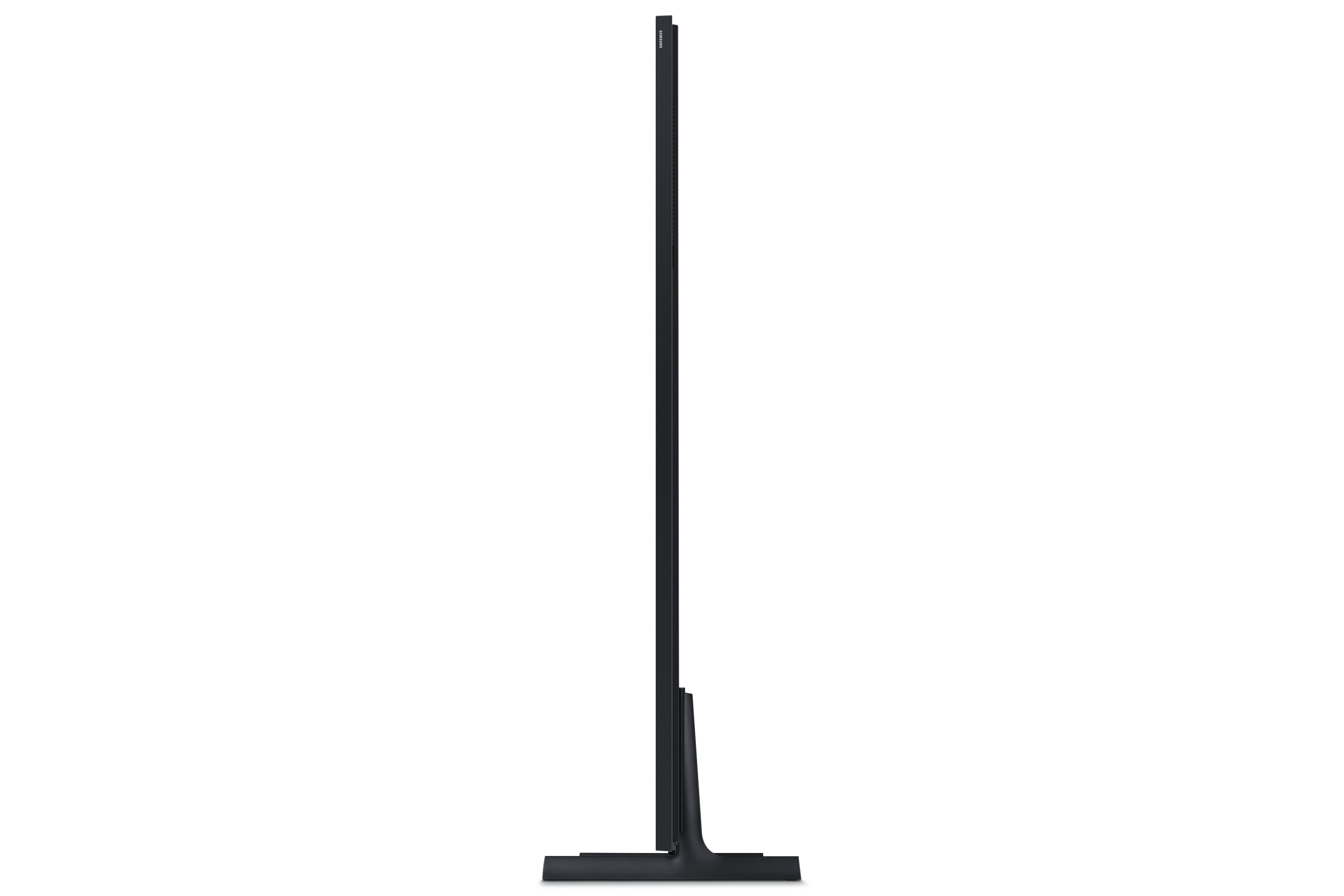 Eine schwarze Samsung Fernseher-Rückseite mit Standfuß, von der Seite gesehen.