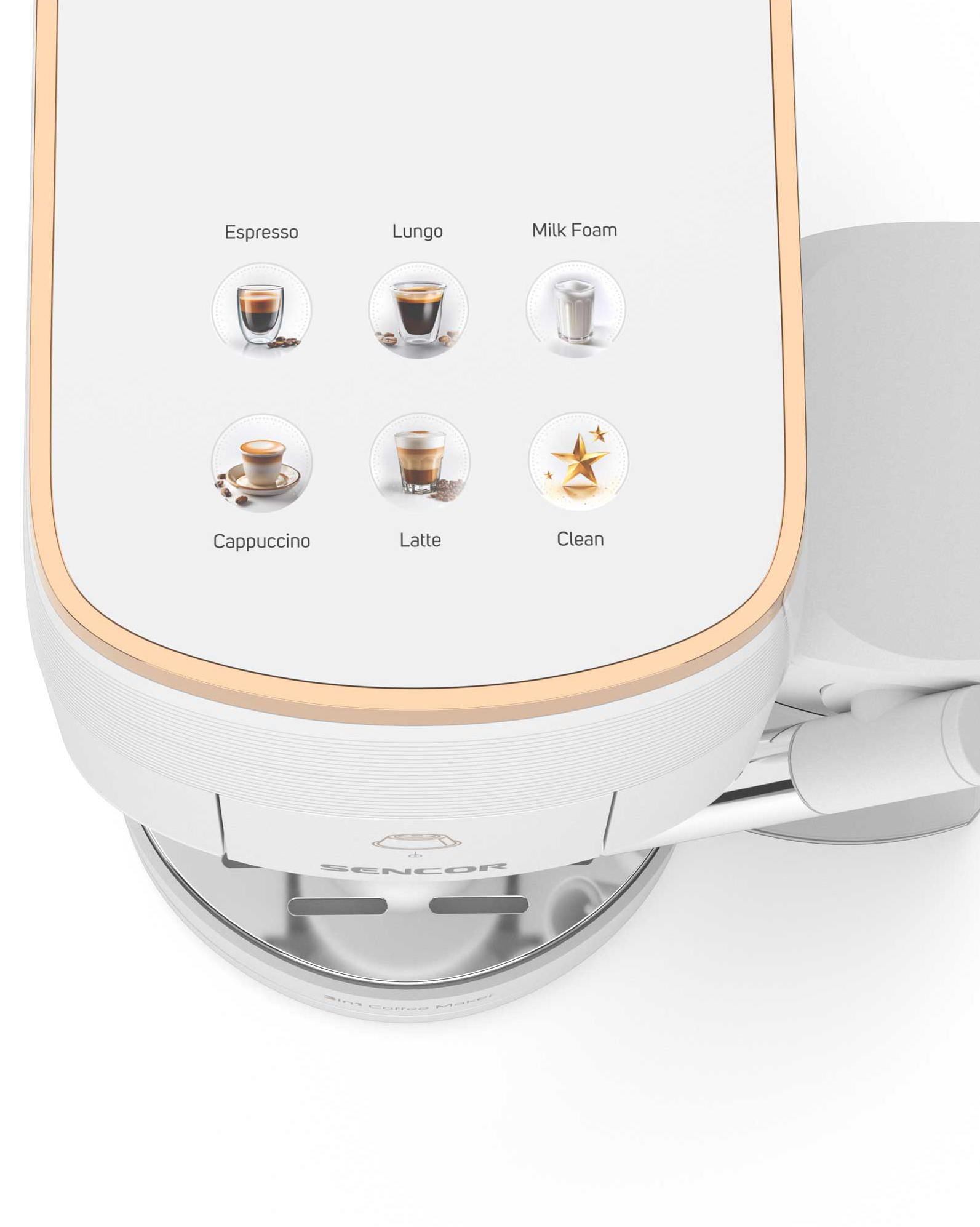 Egy kávéfőző, amely választható opciókat mutat: Espresso, Lungo, Tejhab, Cappuccino, Latte és Tisztítás.