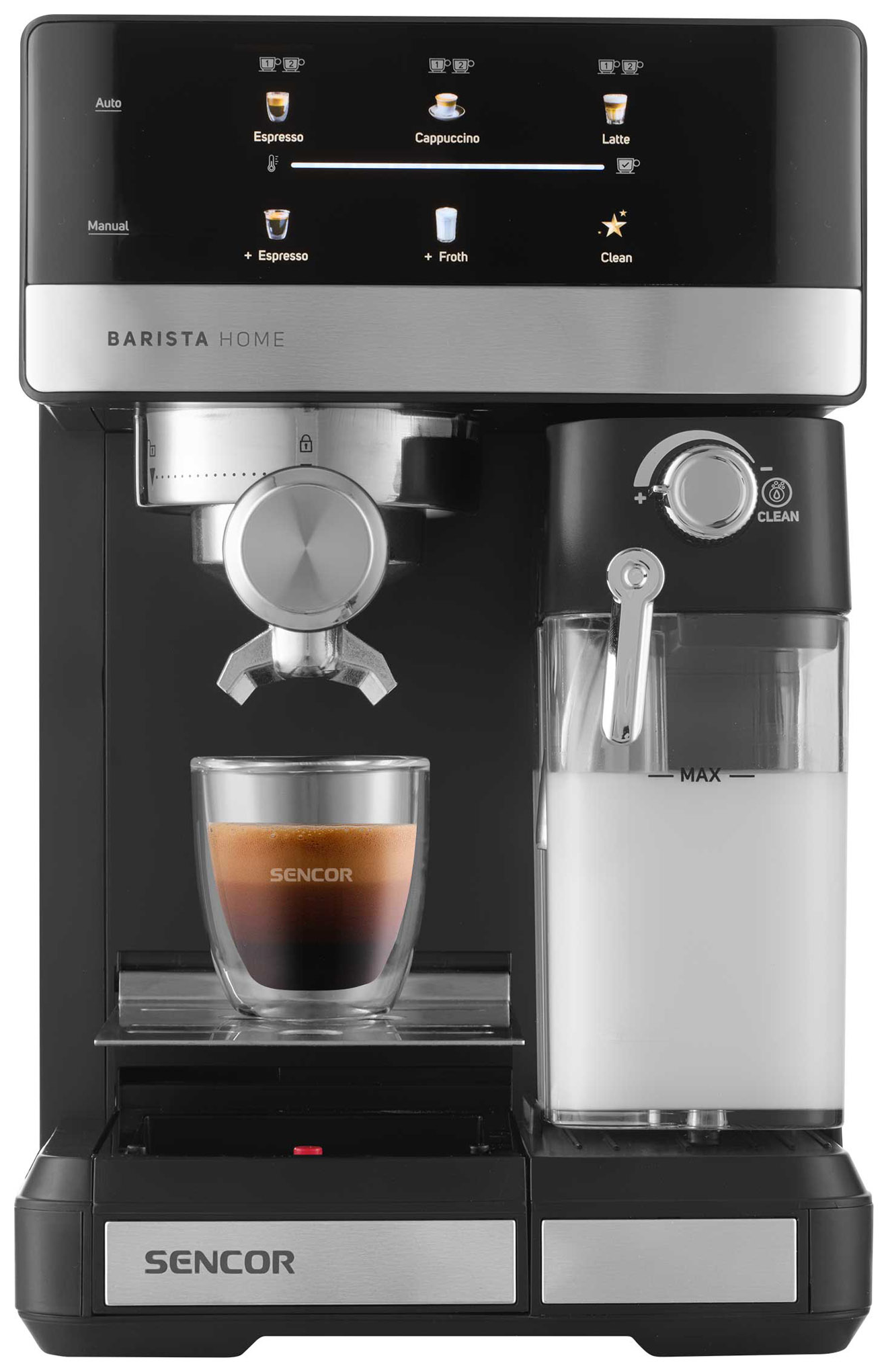 Egy fekete Sencor Barista Home kávéfőző eszpresszóval és tejtartállyal.