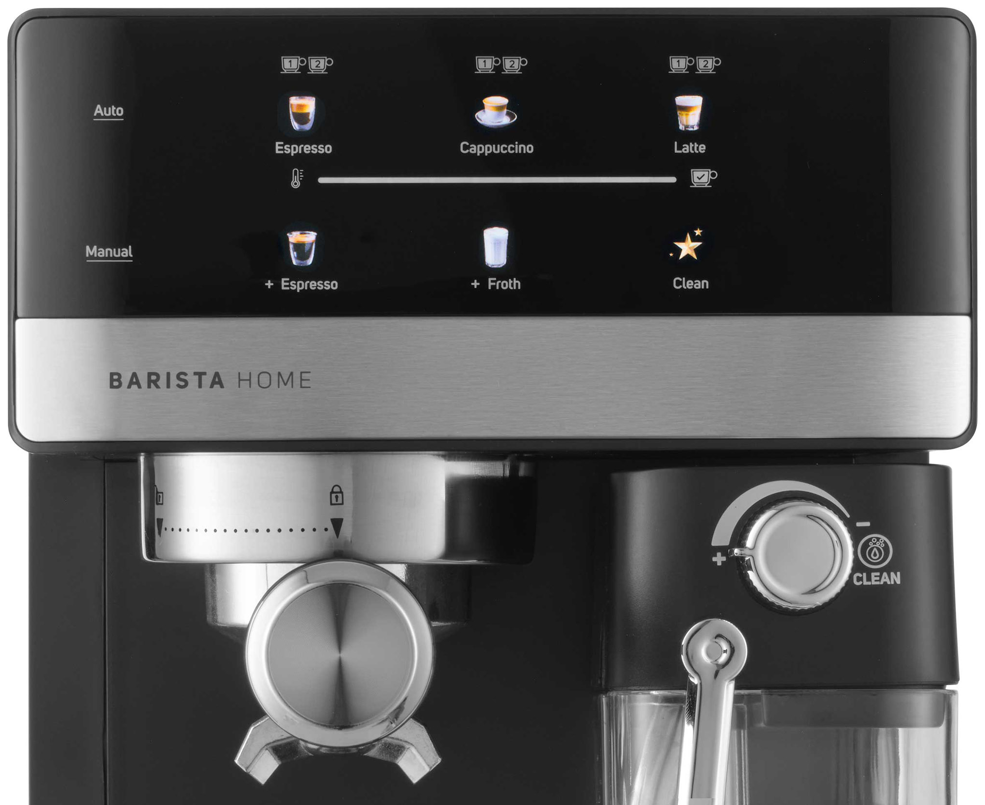 Kávéfőző közeli képe menüopciókkal: Espresso, Cappuccino, Latte, Froth és Clean.