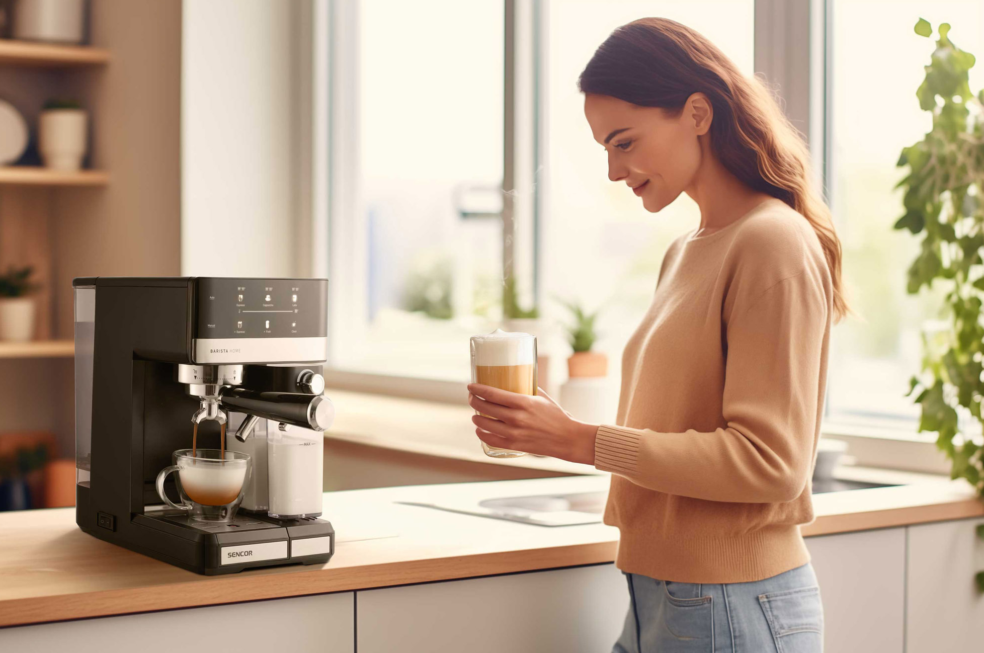 Egy nő egy latte poharat tart egy eszpresszót készítő kávéfőző mellett.