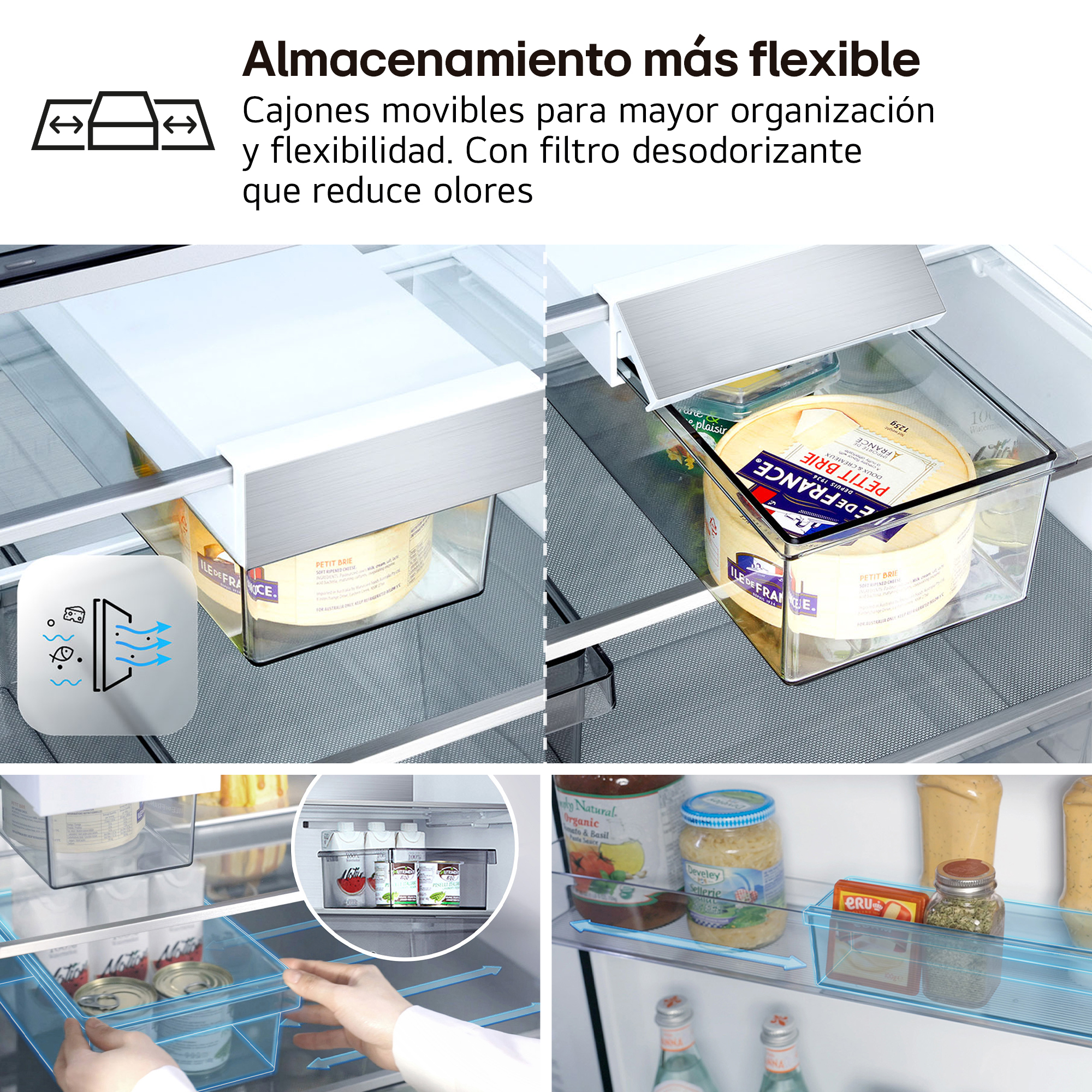 Cajones de refrigerador con queso, latas y botellas. Muestra almacenamiento flexible.