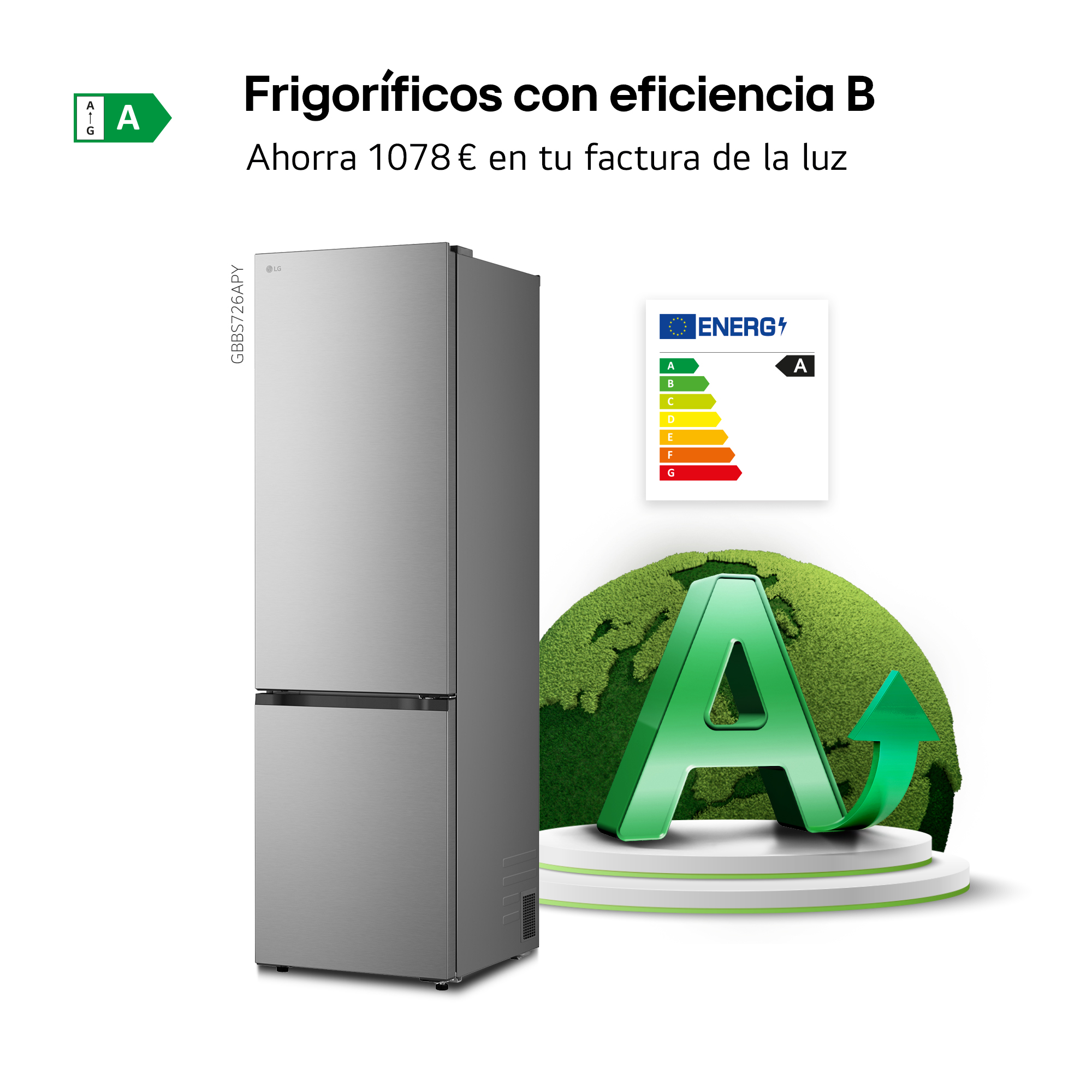 Refrigerador plateado con etiqueta de eficiencia energética A e información de ahorro.