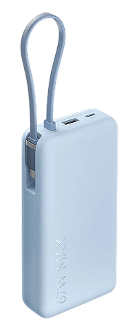 Jasnoniebieski power bank z wbudowanym kablem i paskiem.