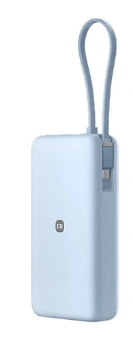 Jasnoniebieski power bank Xiaomi ze zintegrowanym kablem USB-C i pętelką.
